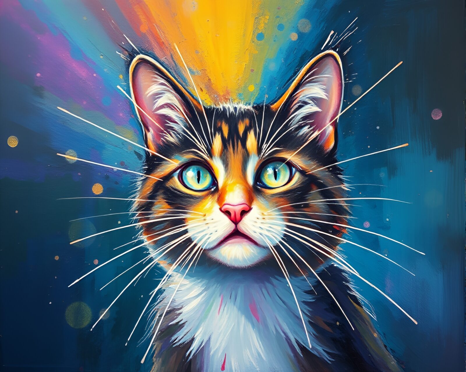 Vibrant palette knife painting of cat refracted in rainbow light