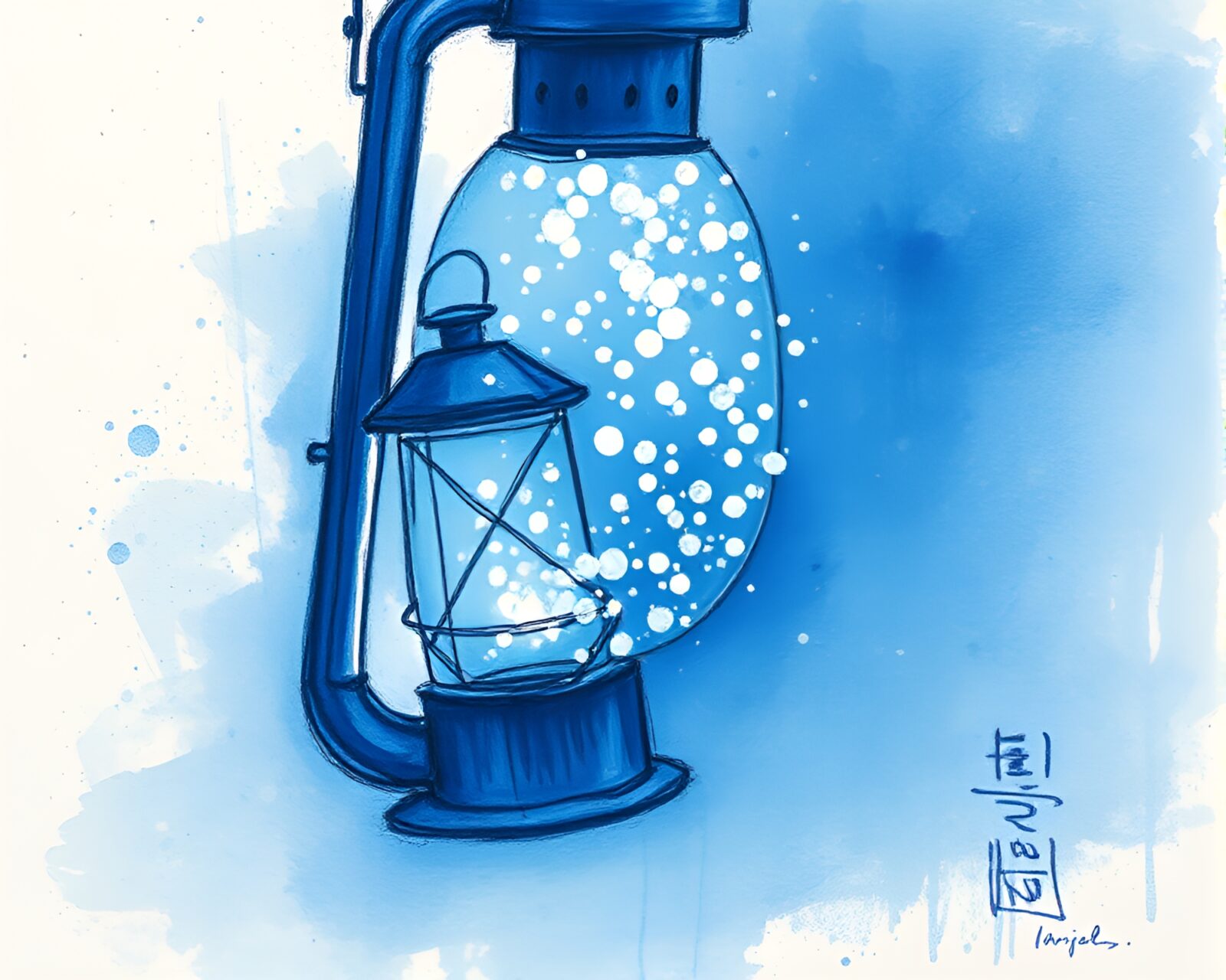 Conté crayon drawing of an oil lantern amidst floating particles