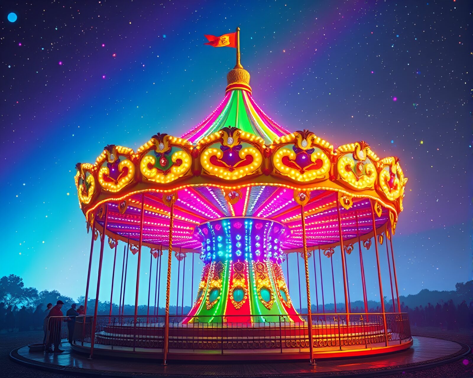 Vibrant carousel swirling in digital noise against rainbow sky