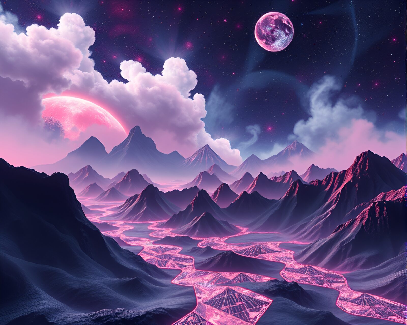 Geometric patterns create hypnotic optical illusion in vaporwave style.