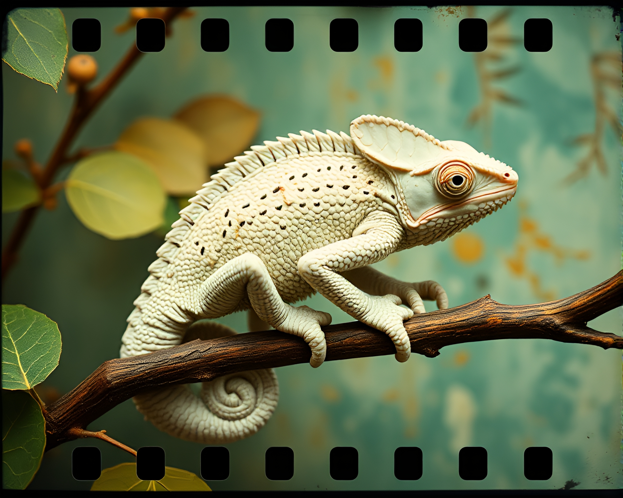 Chameleon Camouflaged in Ivory White Fresco Sprockets – free AI stock image