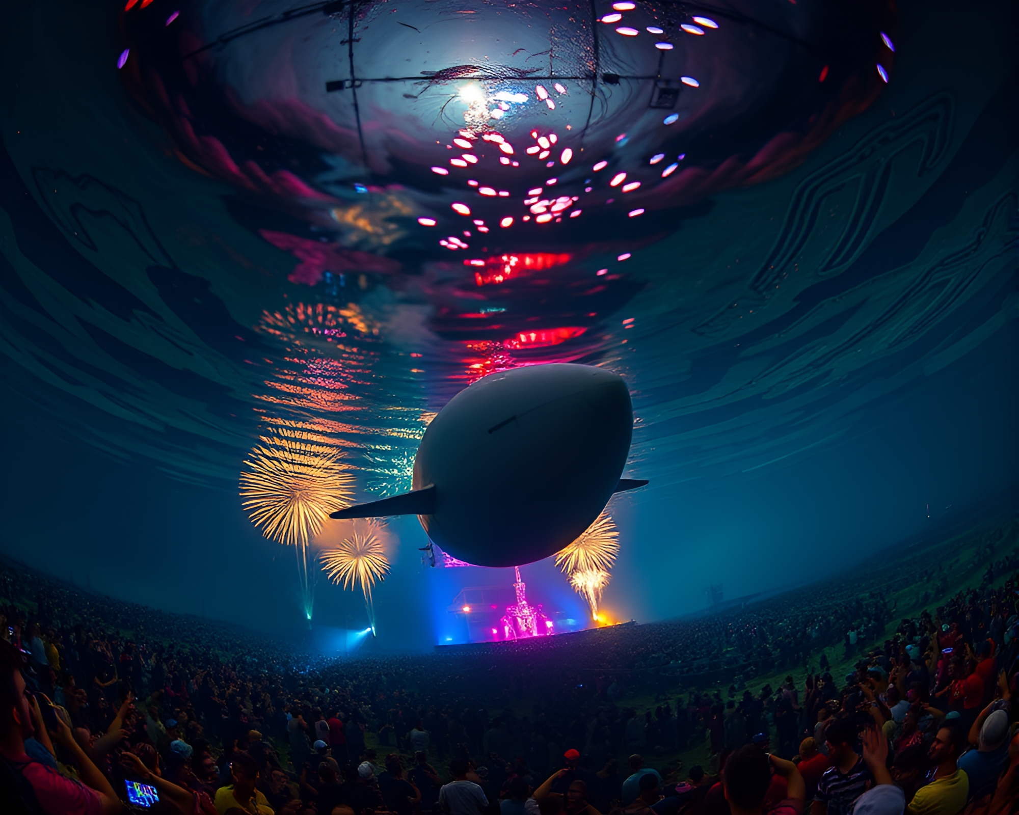 Submarine Expedition Under Festival Fireworks – free AI stock image