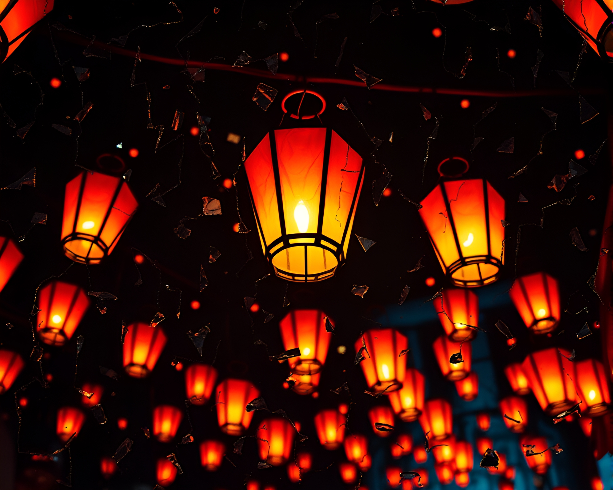 Ethereal Lantern Glow Amidst Grunge Mosaic Fragments – free AI stock image