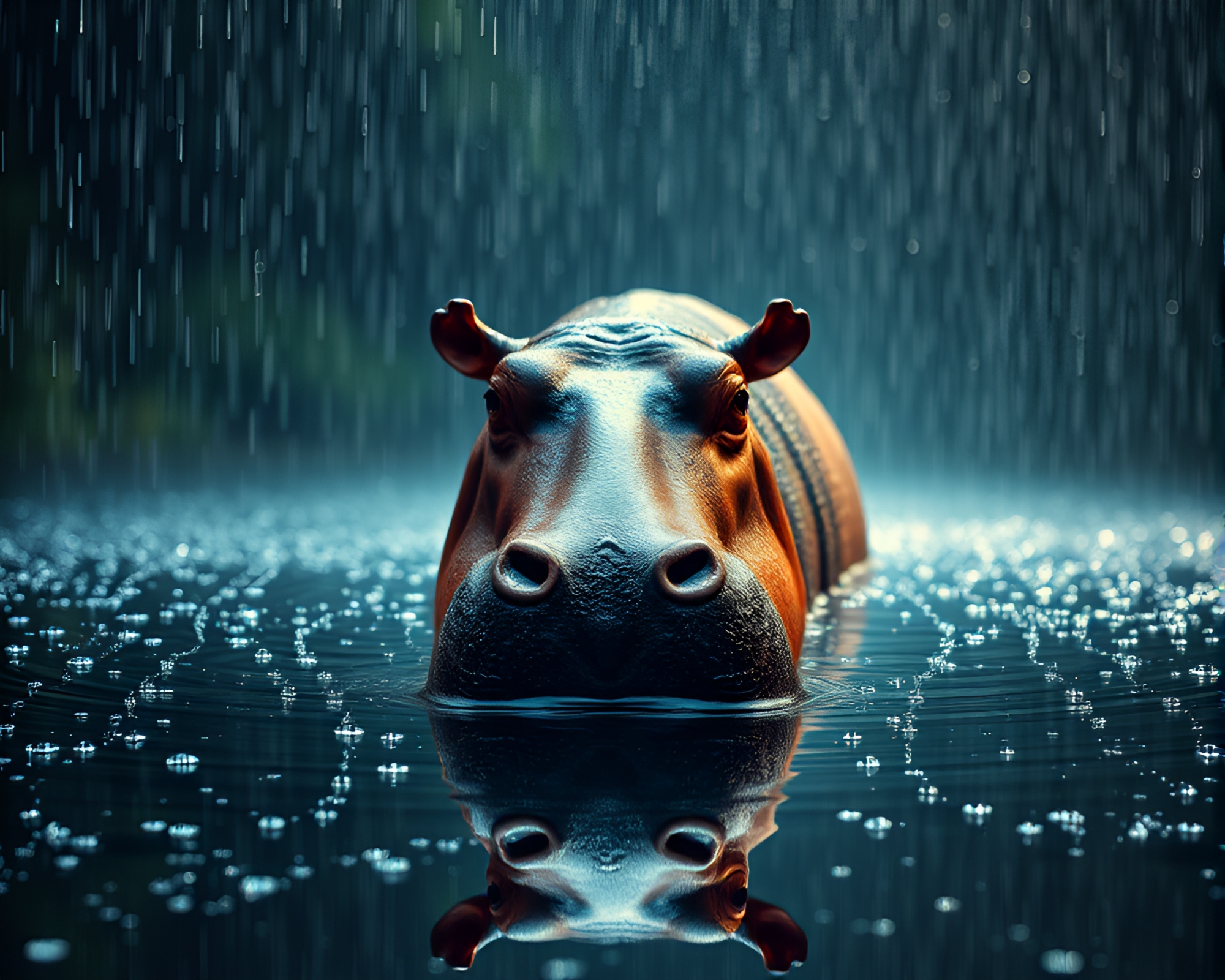 Rainy Kaleidoscope: Hippopotamus in Real-Time Ray Tracing – free AI stock image