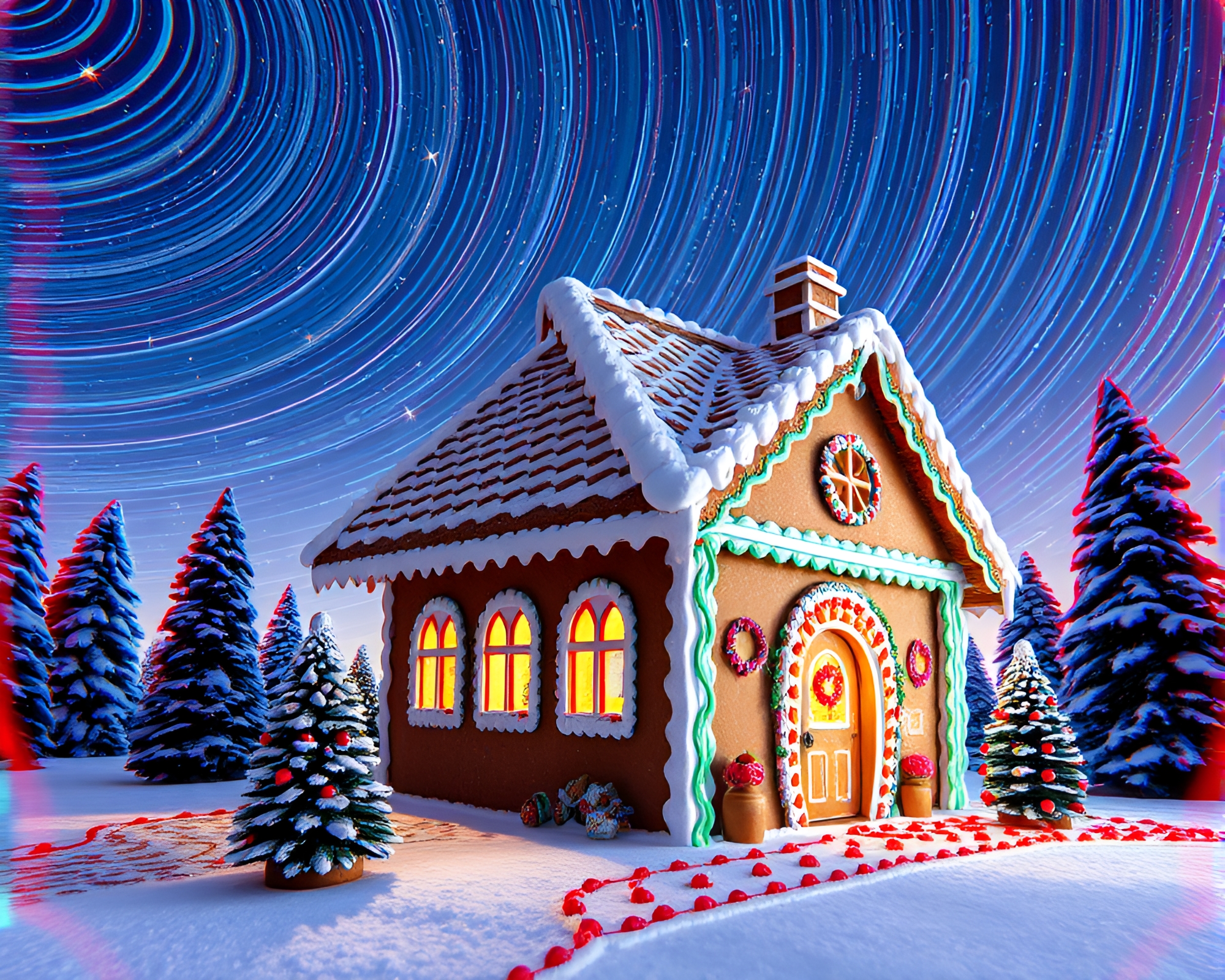Gingerbread House under Star Trails in 3D Watercolor – free AI stock image