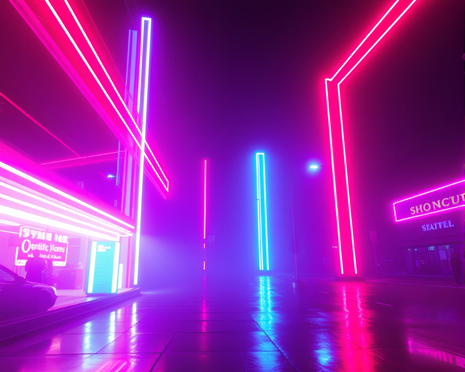 Tri-tone image of a neon-lit futuristic temple reflecting light streaks