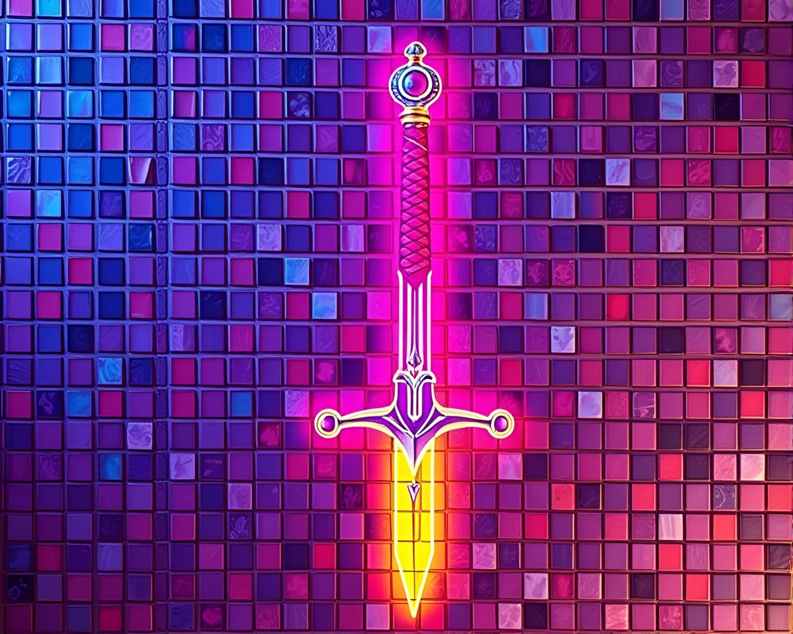 Vibrant pastel neon mosaic artwork of warrior holding sword