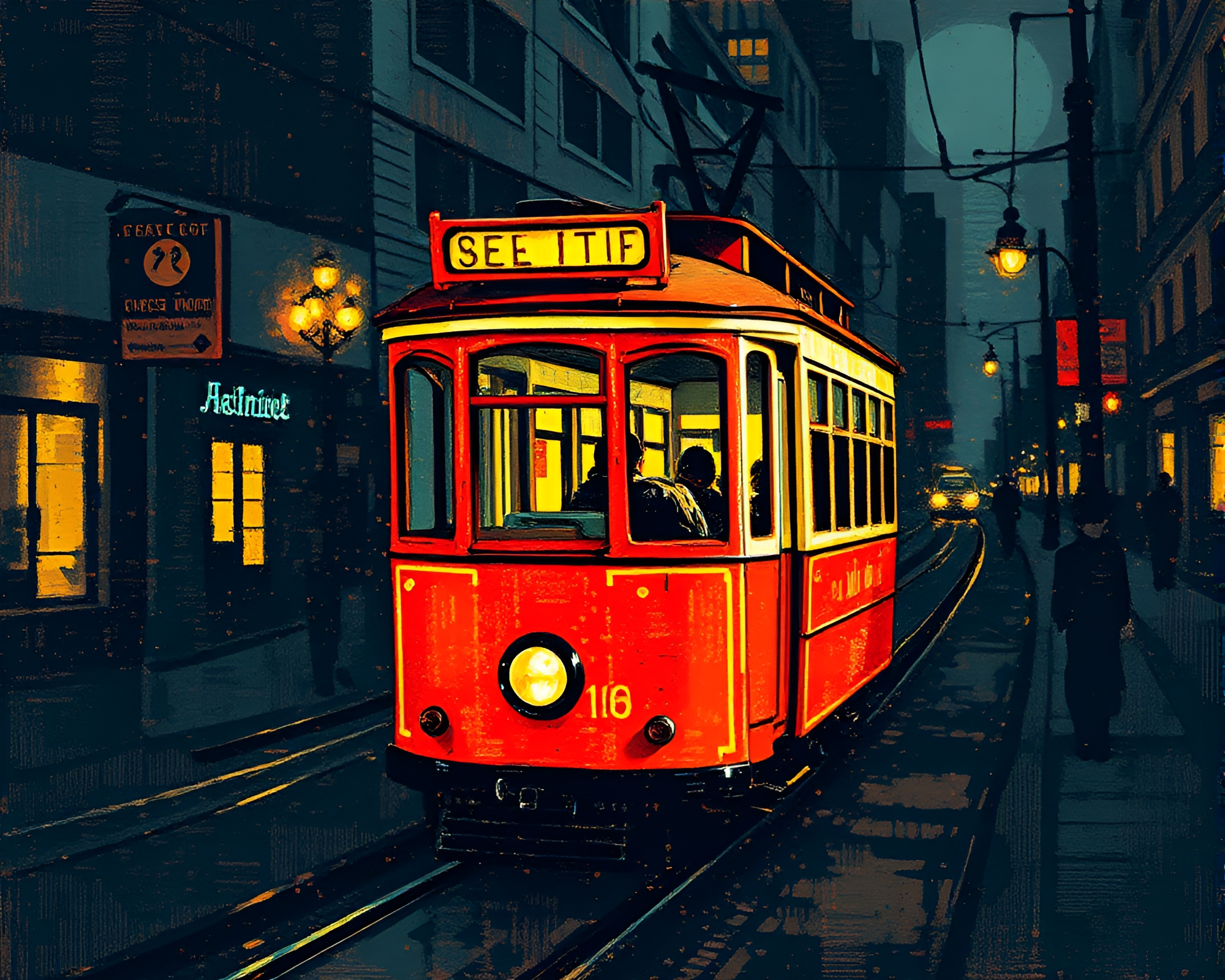 Stark Shadows: Cable Car Crossing Halftone Grid Cityscape – free AI stock image