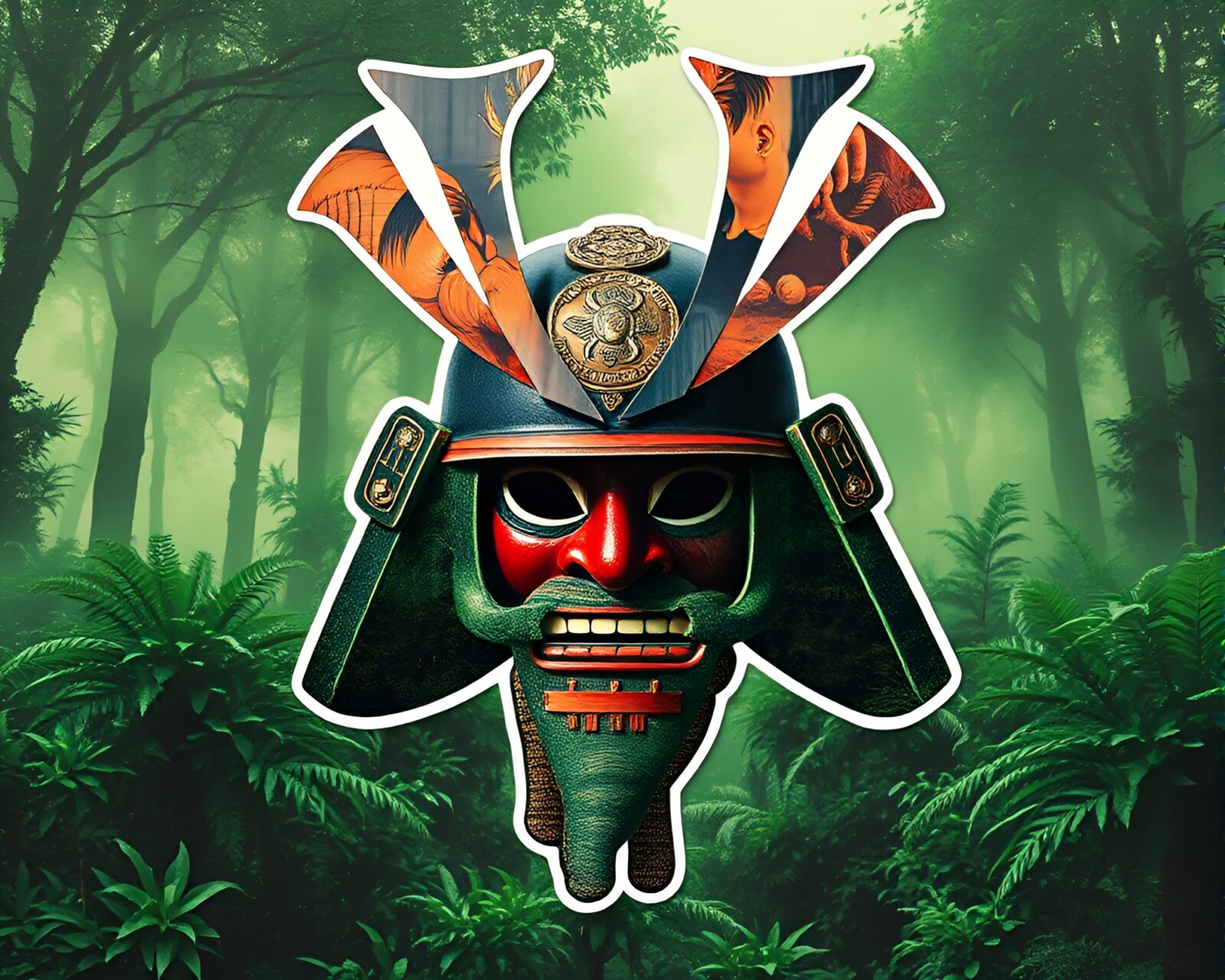 Photo collage of a samurai helmet in a mystical forest