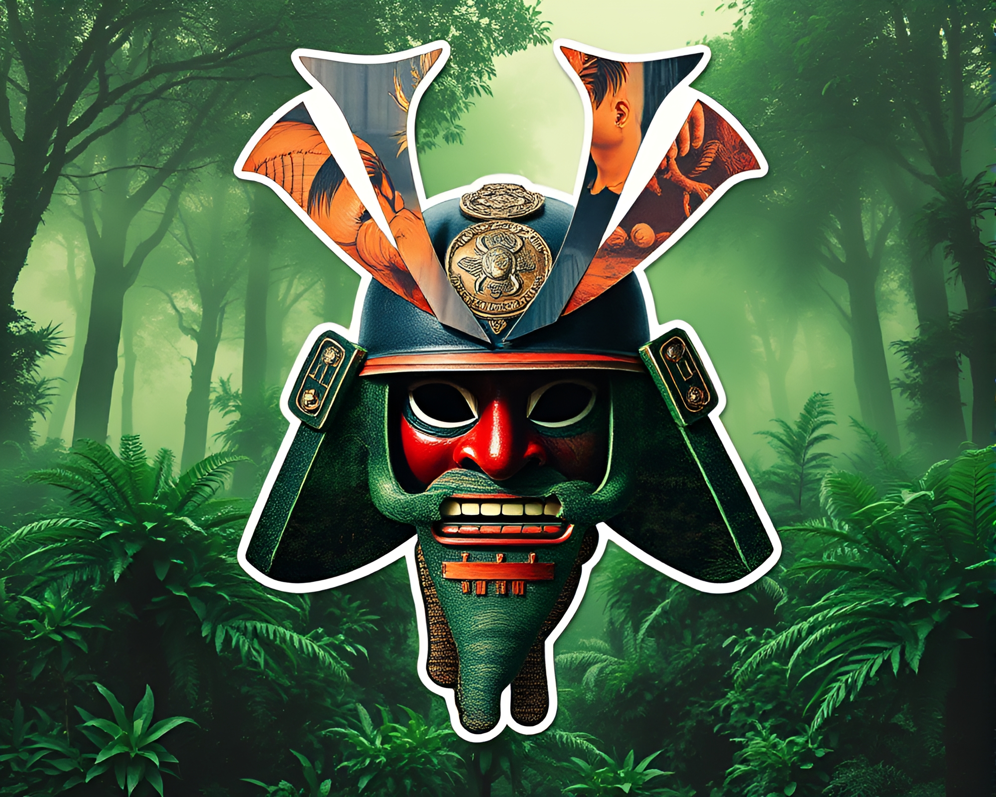 Samurai Helmet Photocollage in Lush Green Rainforest Haze – free AI stock image