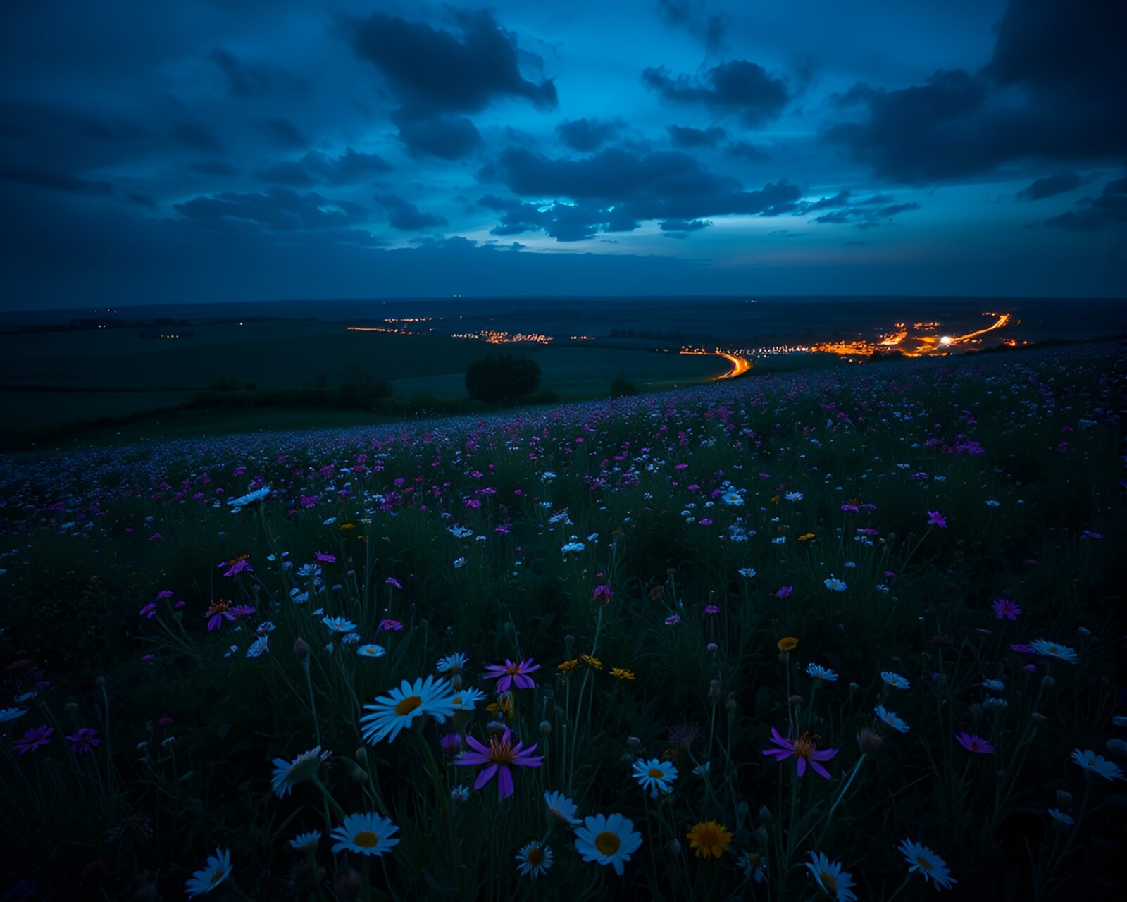 Aerial view of meadow at dusk with torchlight glow