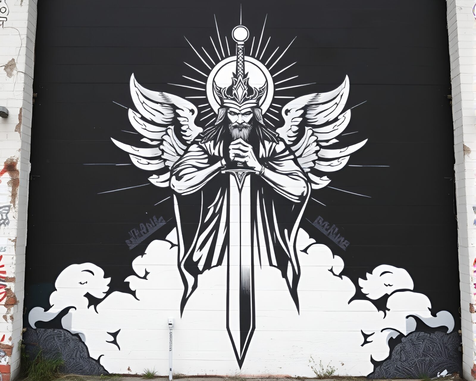 Monochrome mural graffiti depicting a glowing sword in god rays