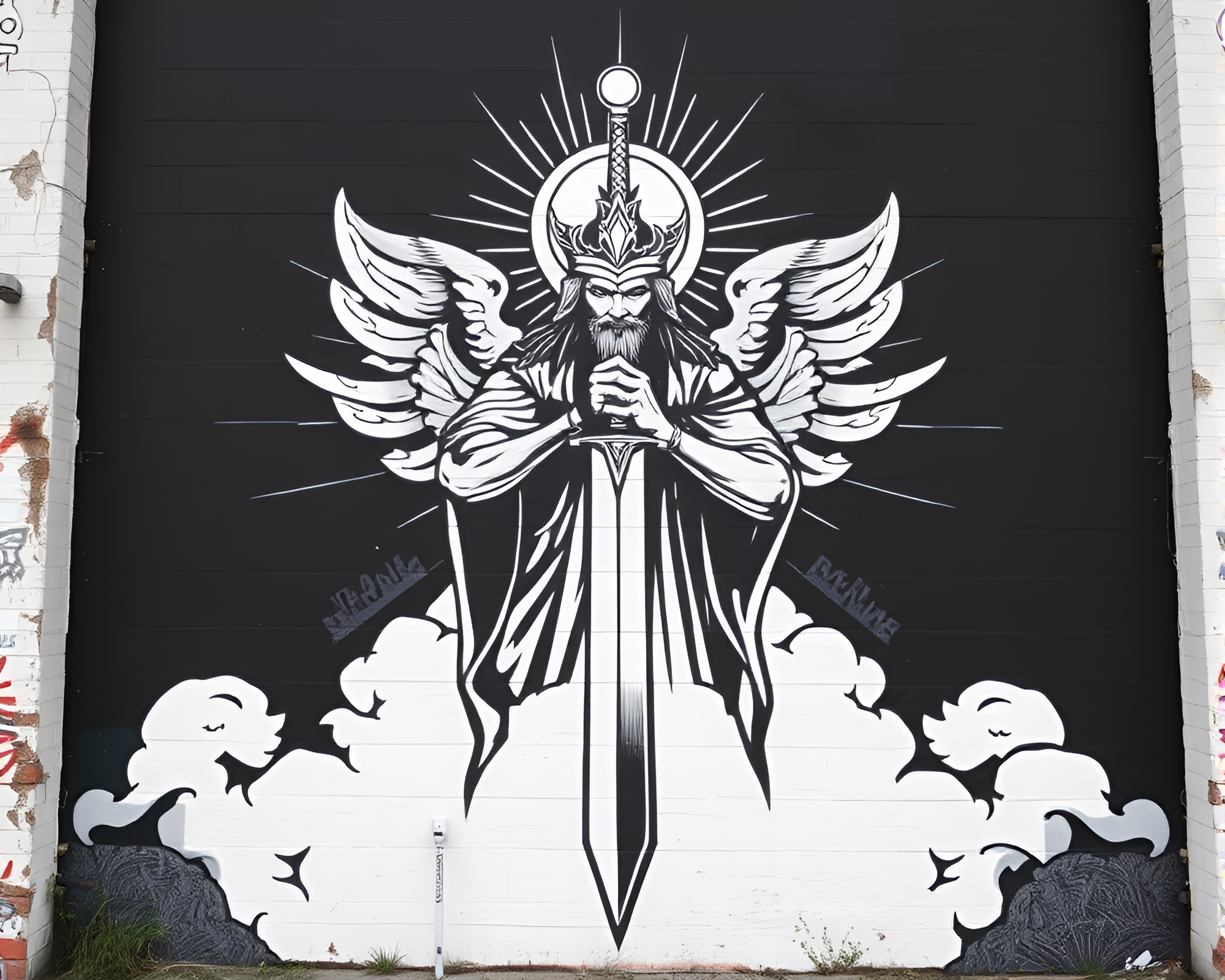 Ethereal Sword God Rays Graffiti Mural Artwork – free AI stock image
