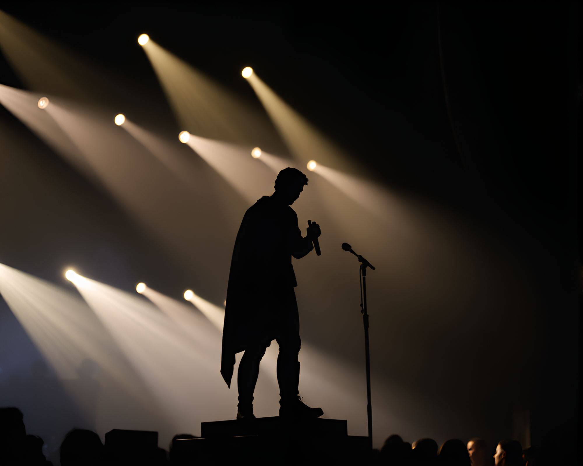 Concert Stage Lights Illuminate Statue Silhouette – free AI stock image
