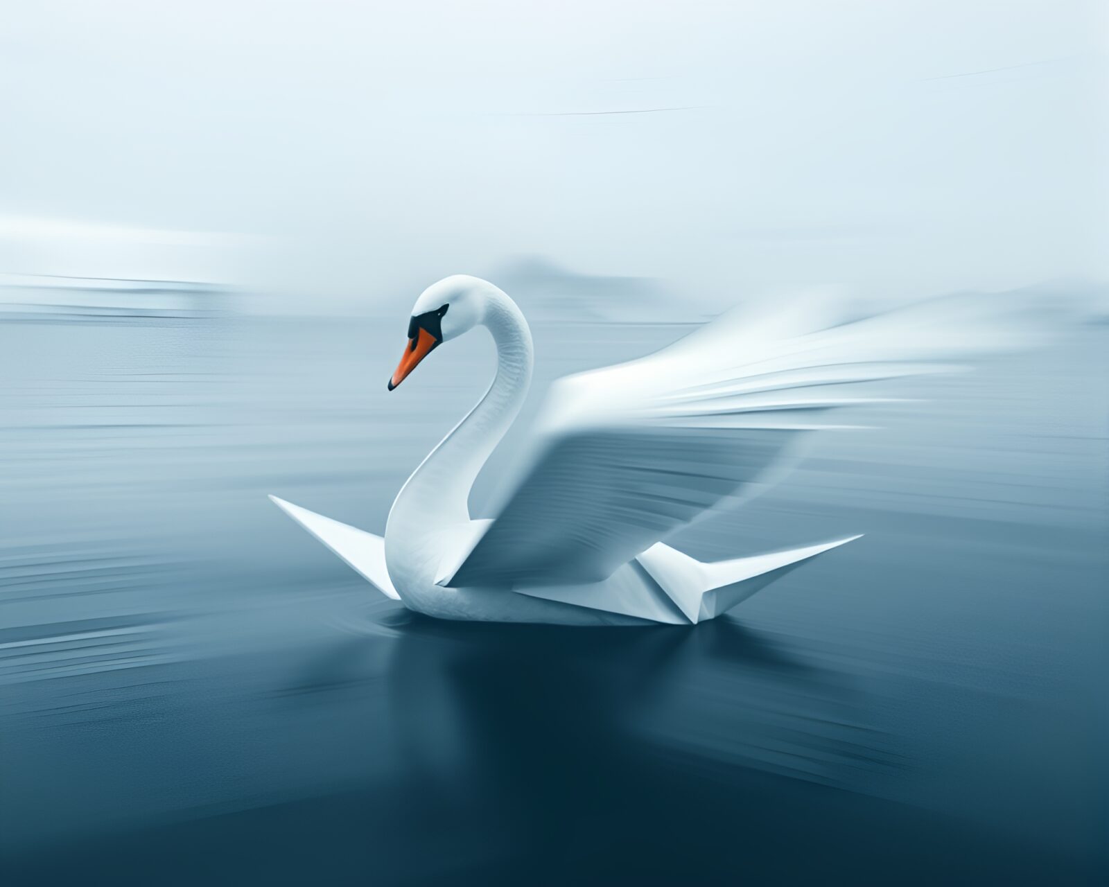 Pan motion blur capture of a pristine origami swan in Antarctic surroundings