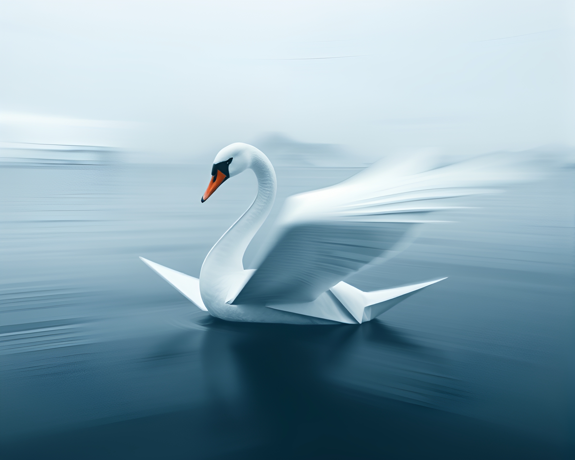 Glistening origami swan gliding through icy whiteout – free AI stock image