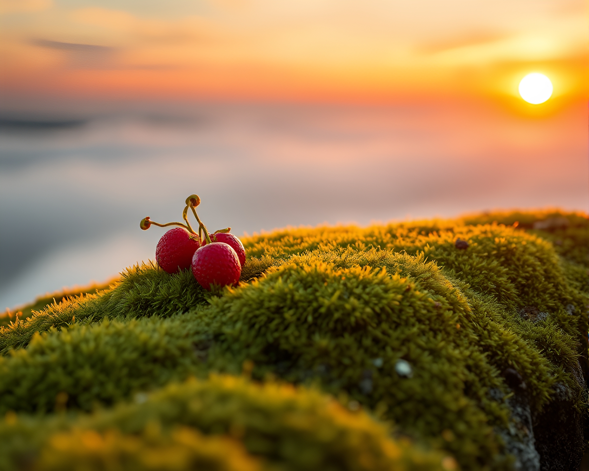 Moss-Covered Fruit Tart under Sunrise Sky – free AI stock image
