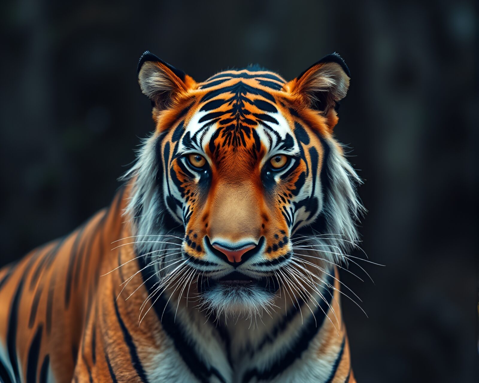 Majestic tiger standing amidst glowing metallic flakes at night