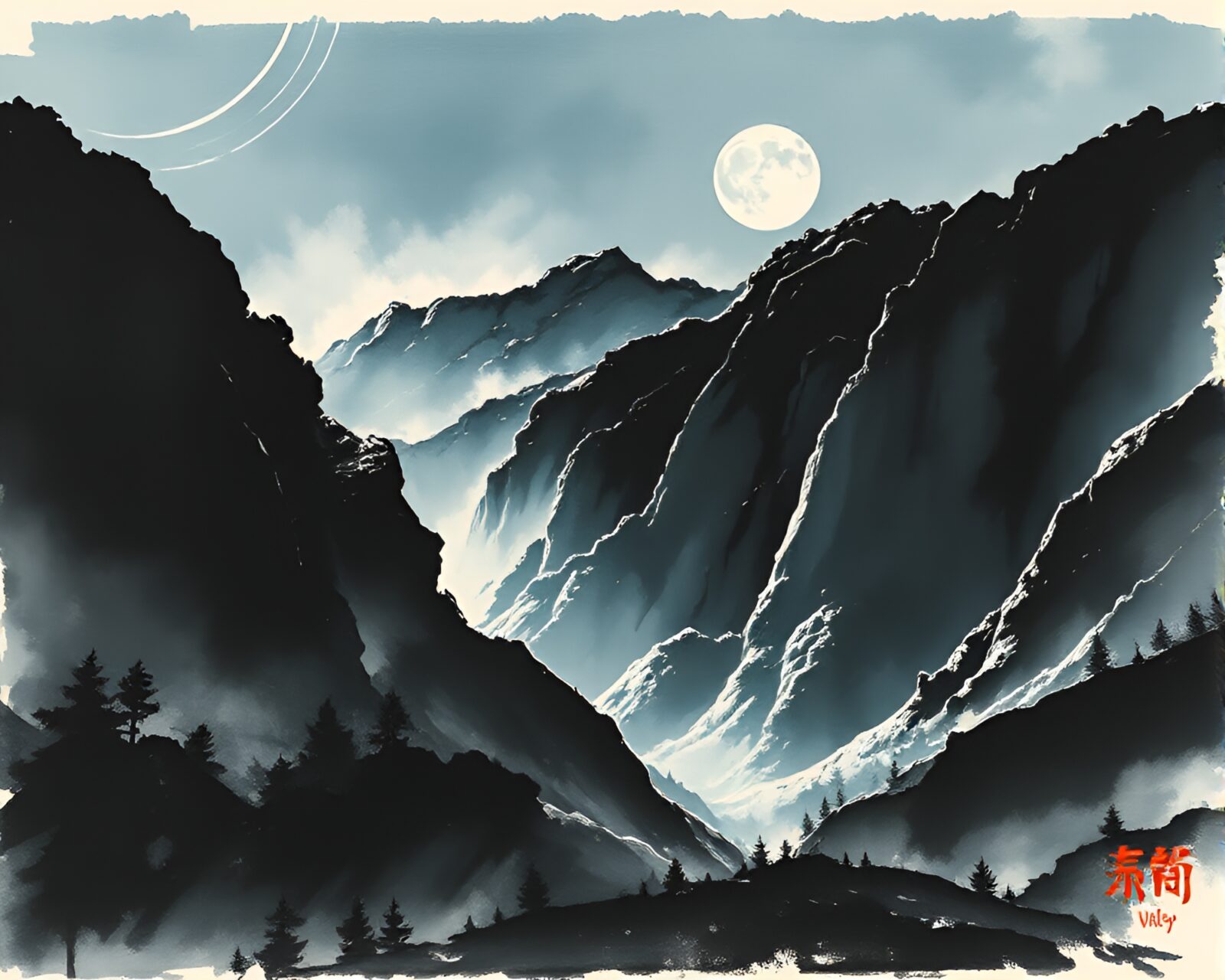 Vibrant brushwork captures dramatic motion in mystical valley.