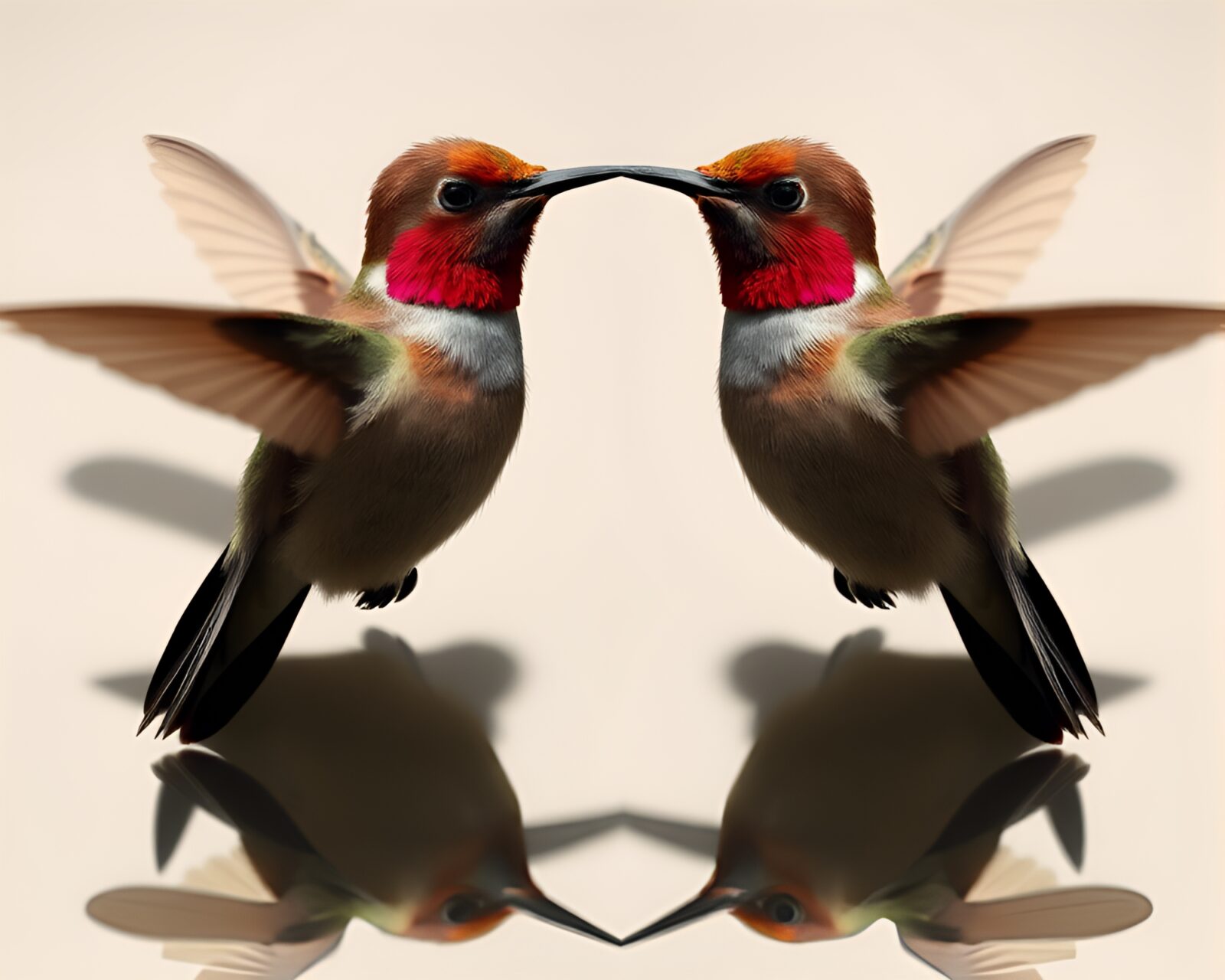 CGI rendered image of a hummingbird mirrored in shadow