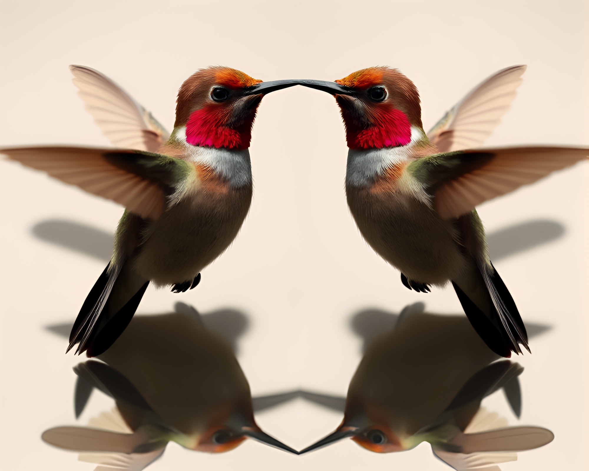 Symmetrical Hummingbird Reflection in Muted Shadows – free AI stock image
