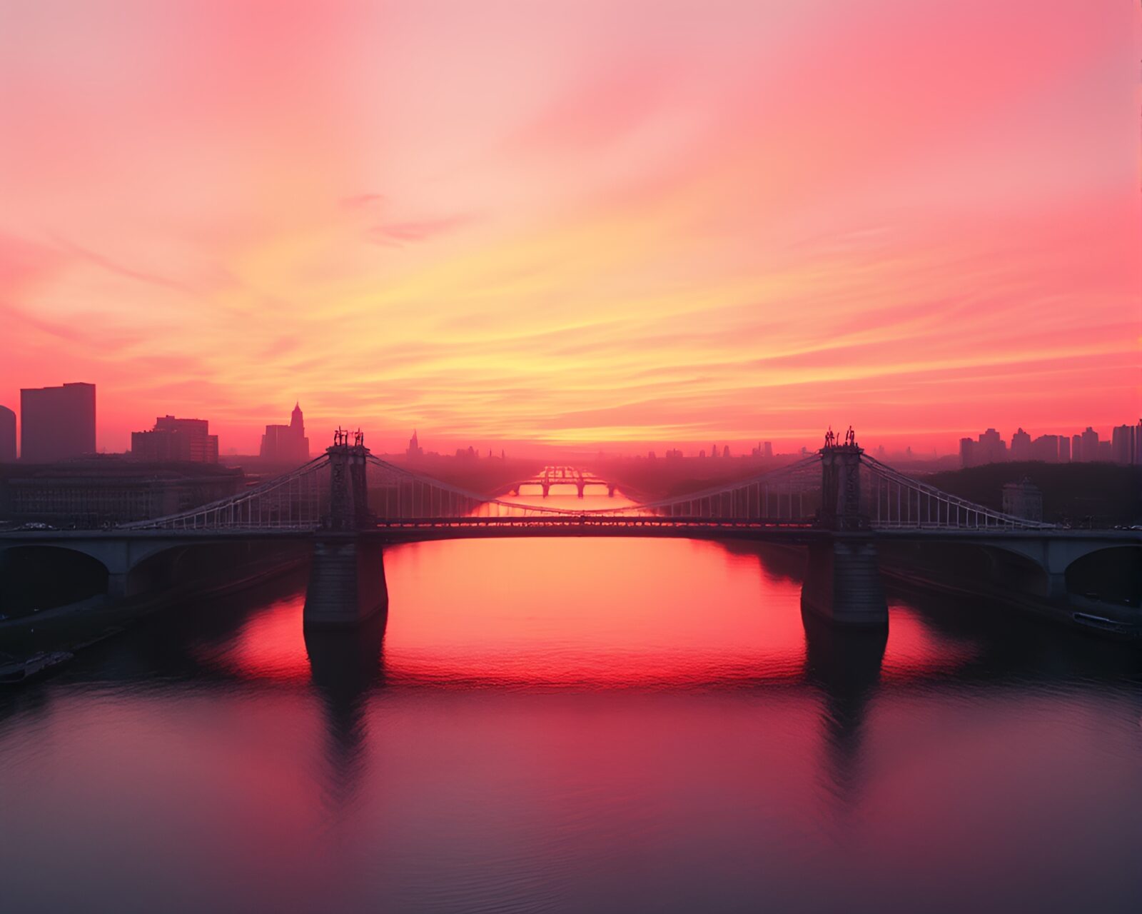Glowing aurora hues above a bridge from above
