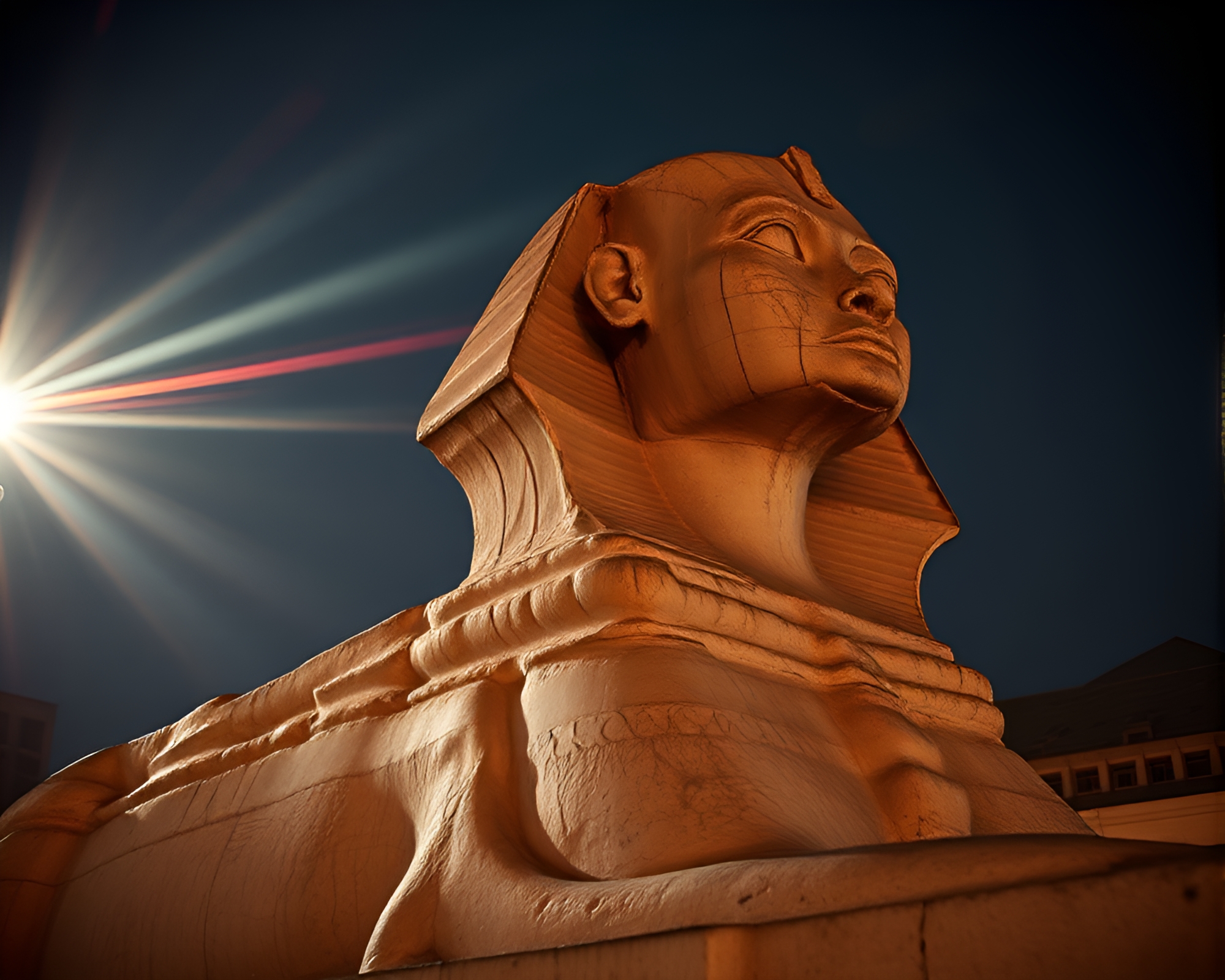 Illuminated Sphinx Statue with Split Focus Effect – free AI stock image