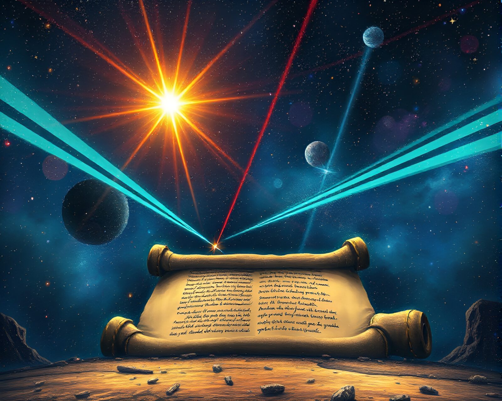 Intricate scroll glowing with laser beams under starry night