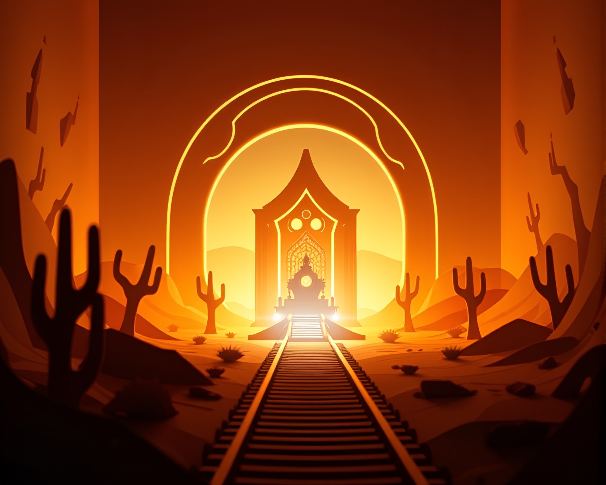 Desert Mirage Train Light Trails Throne Room Glow – free AI stock image