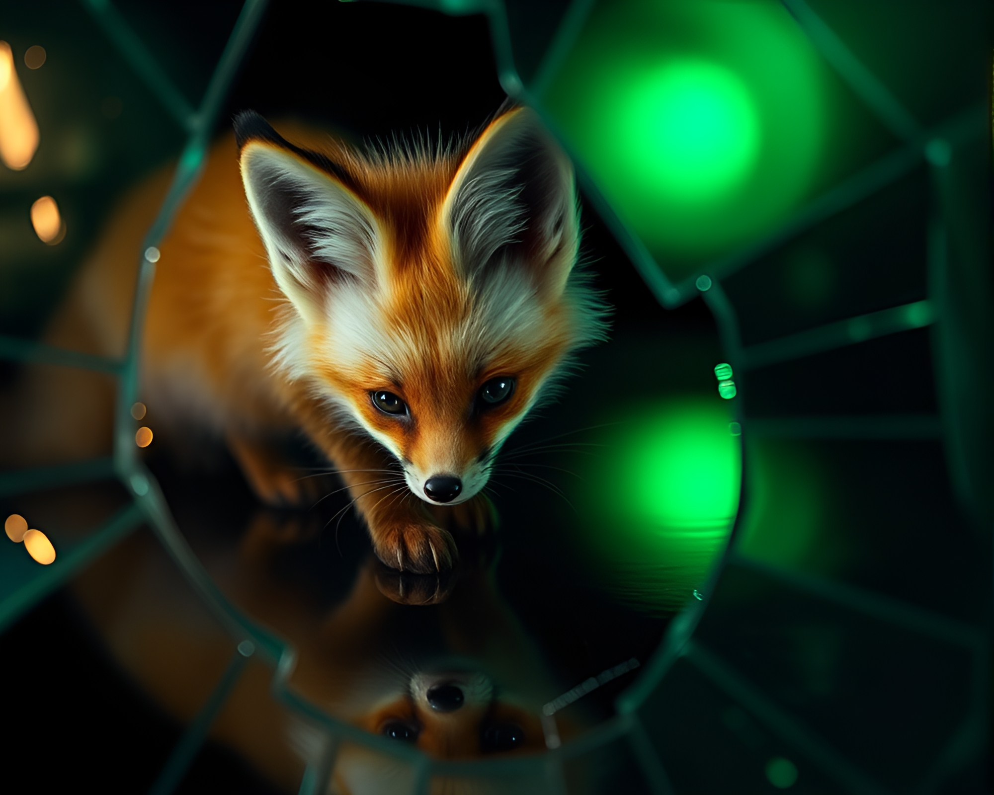 Chiaroscuro Fennec Fox Embraced in Broken Glass Reflections – free AI stock image