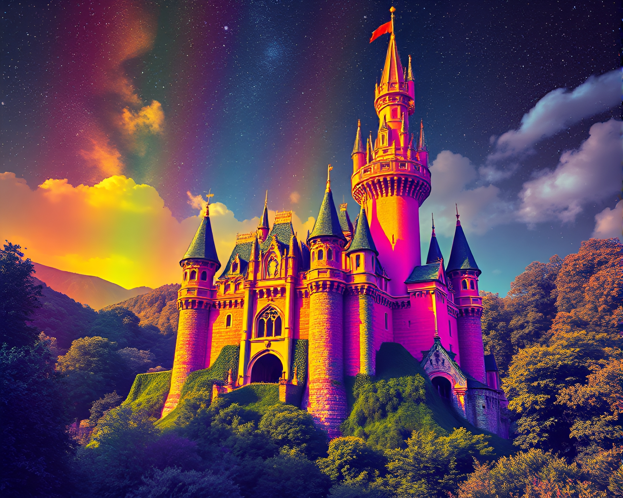 Cosmic Rainbow Castle Stippling Artwork – free AI stock image