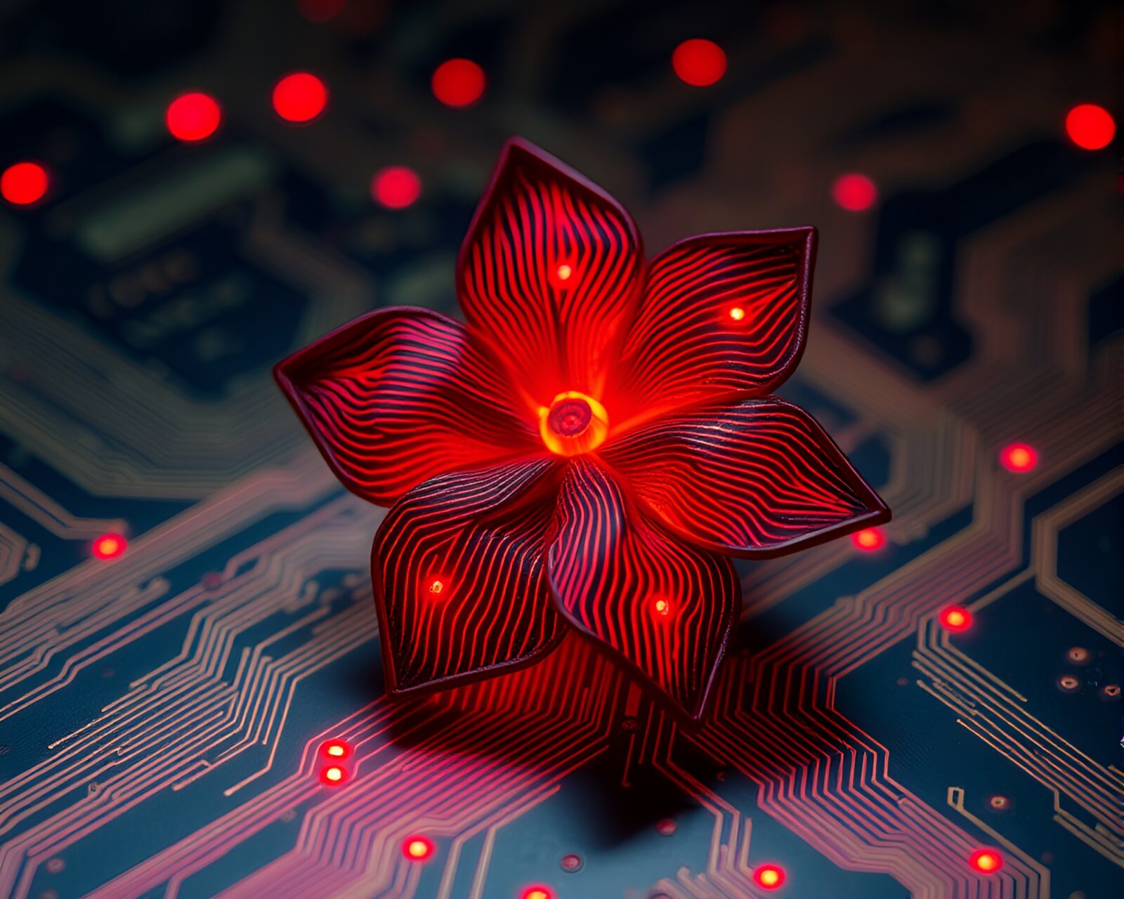 Red glowing circuit board with delicate origami flower
