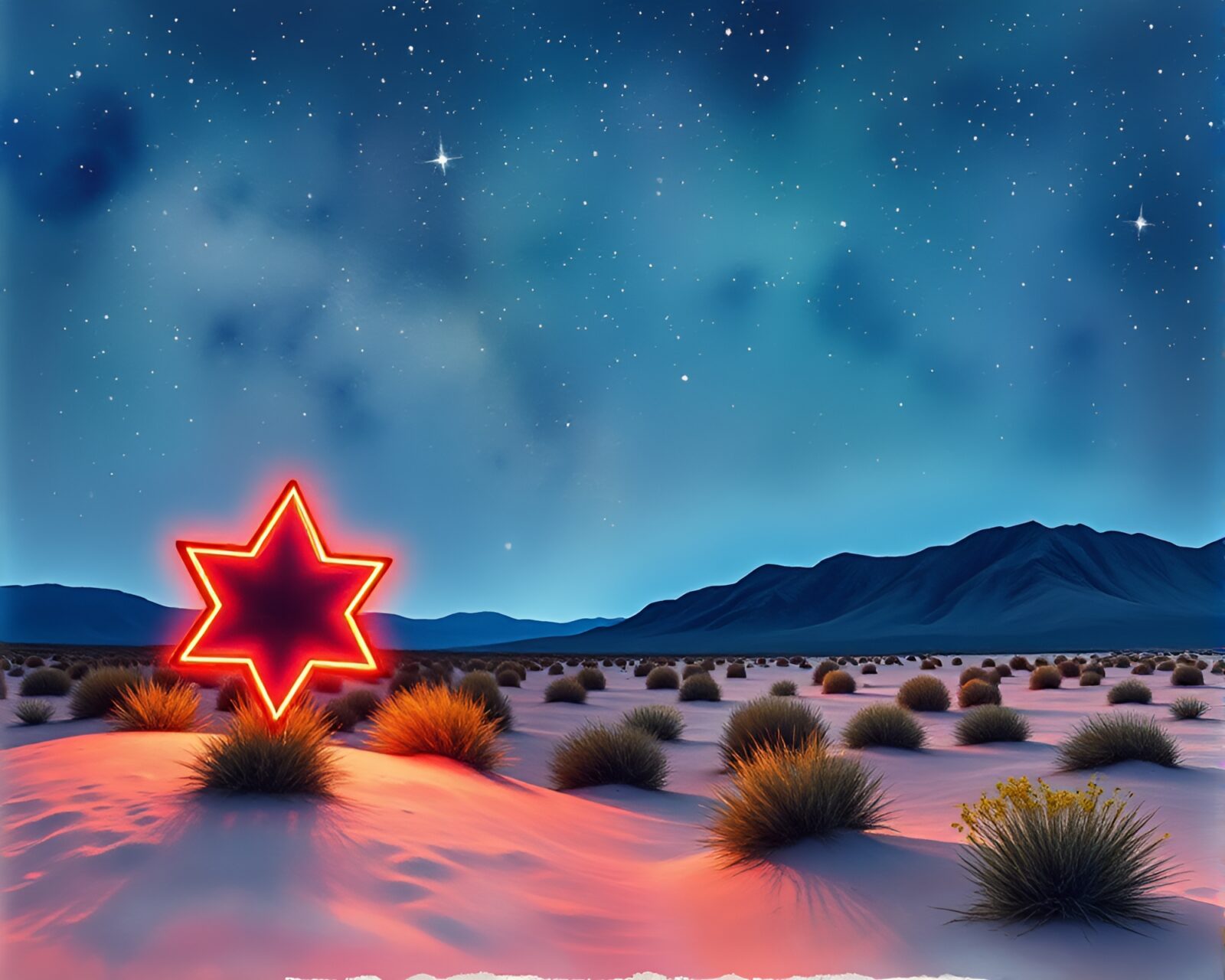 A mesmerizing watercolor painting of neon wildlife under star trails in desert hues