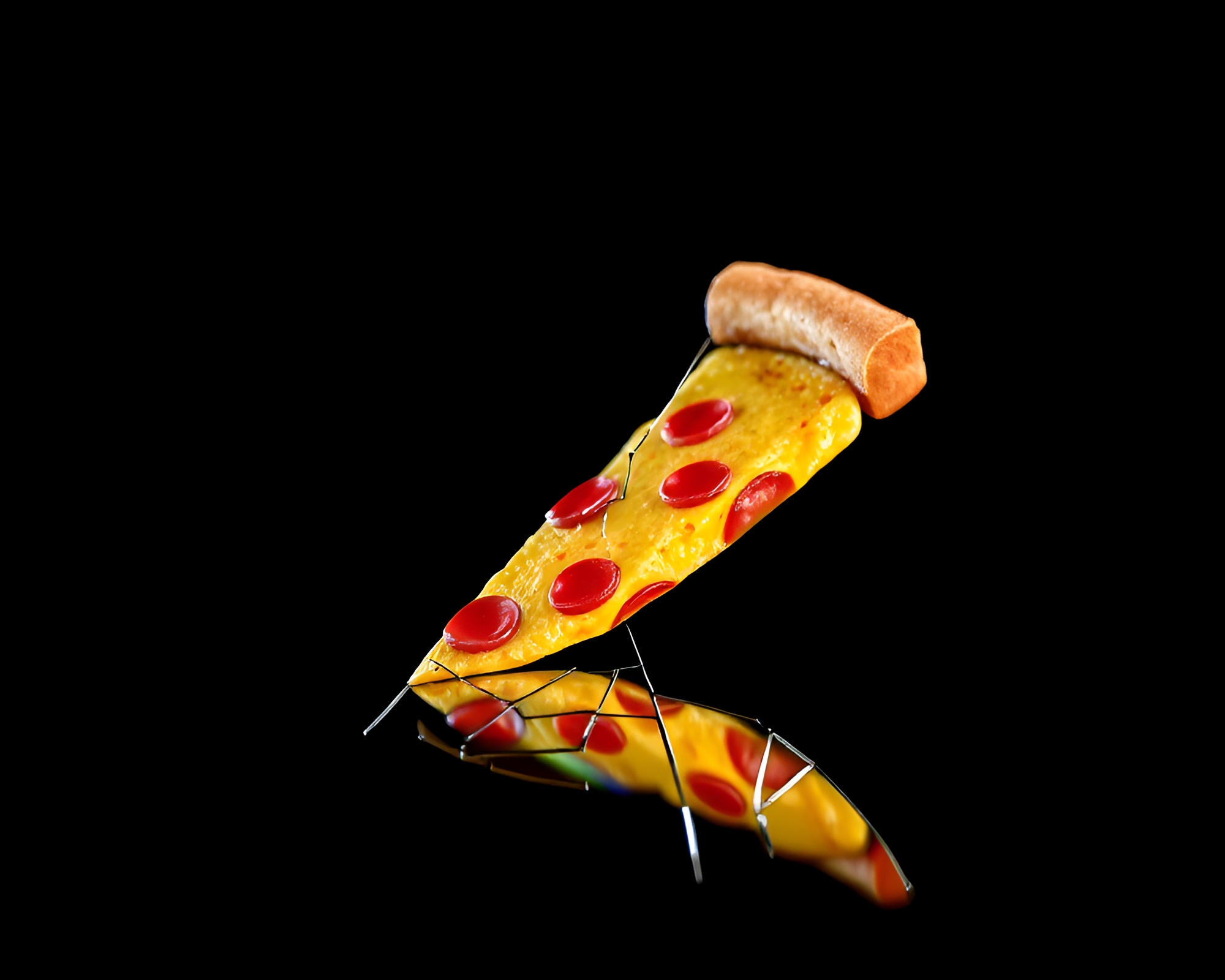 Pizza Slice Reflection in Broken Glass: 8-bit Style – free AI stock image