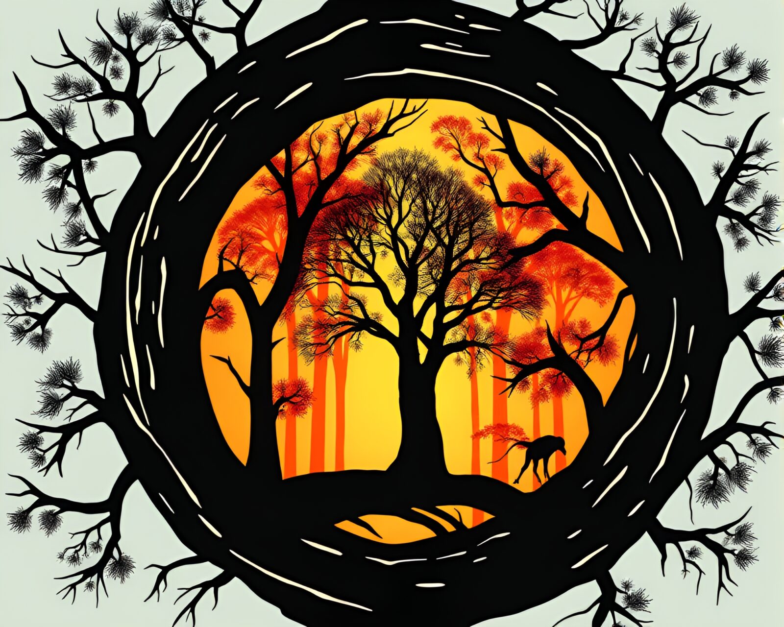 Silhouette illustration of intricate tree ring pattern with analogous colors