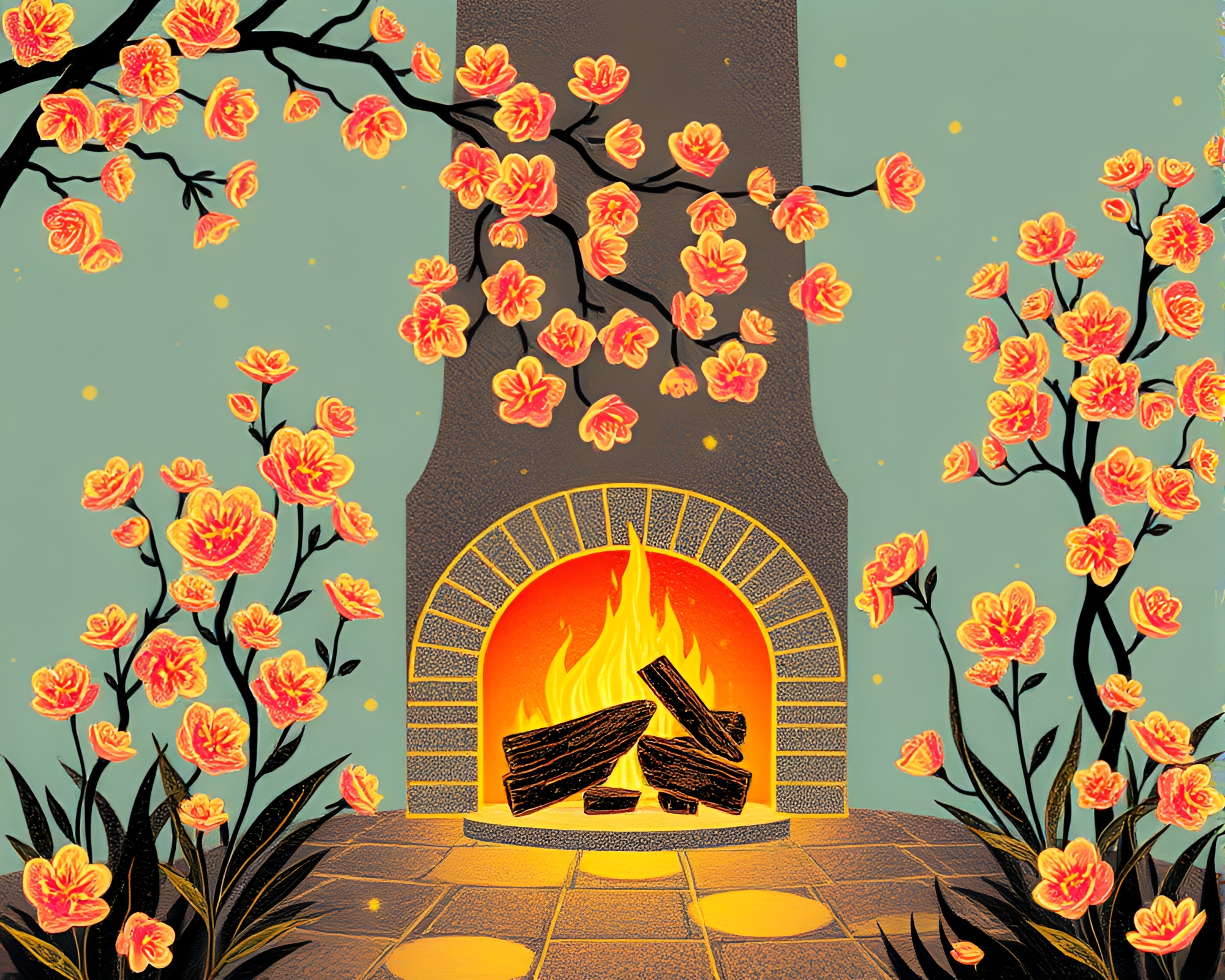 Utopian Spring Blossom Foil Stamping by Fireplace Light – free AI stock image