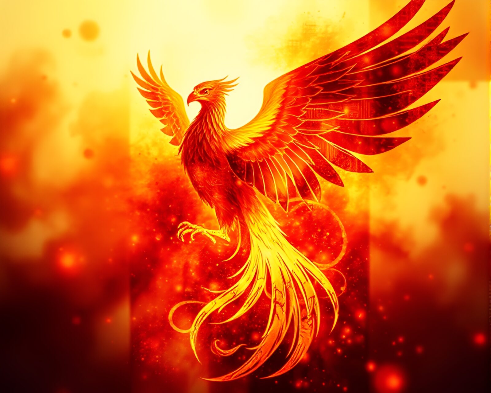 Abstract cubist style phoenix with bright, overexposed texture overlay