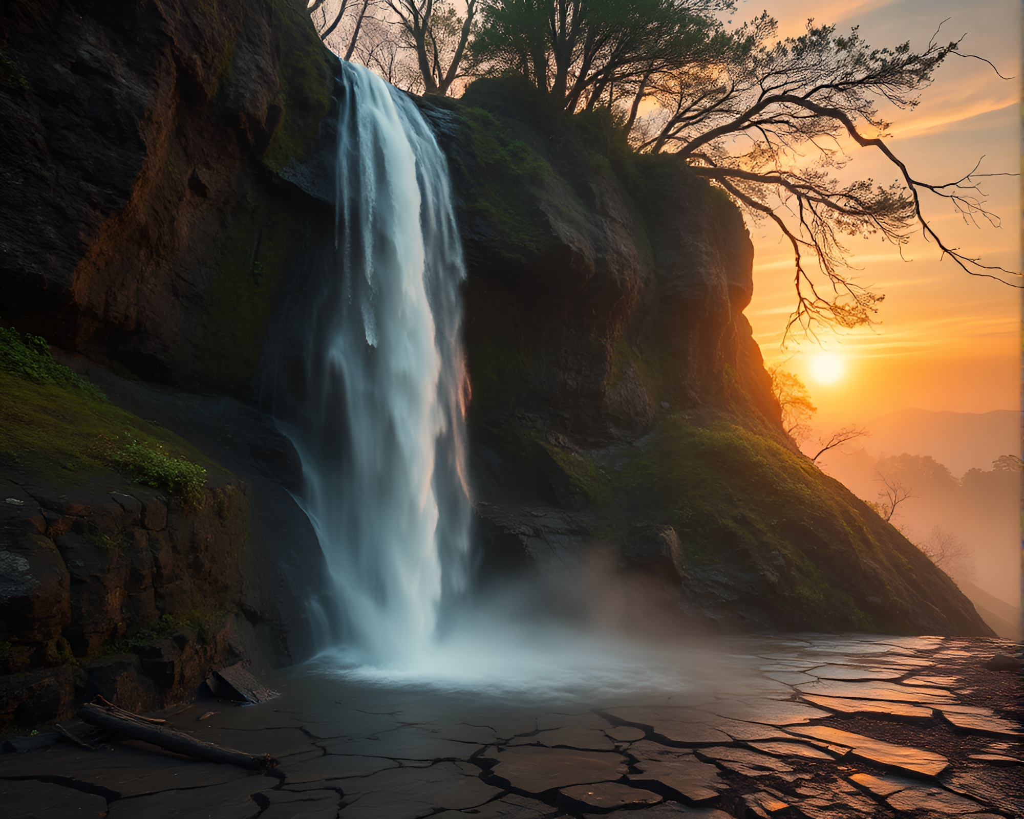 Cracked Earth Waterfall at Dawn Utopia – free AI stock image