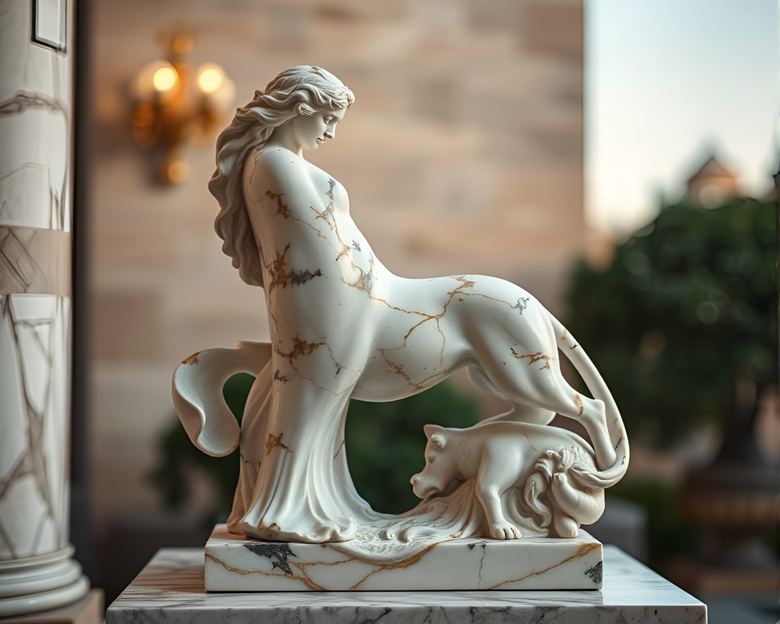 Selective focus on majestic marble lion in golden savannah