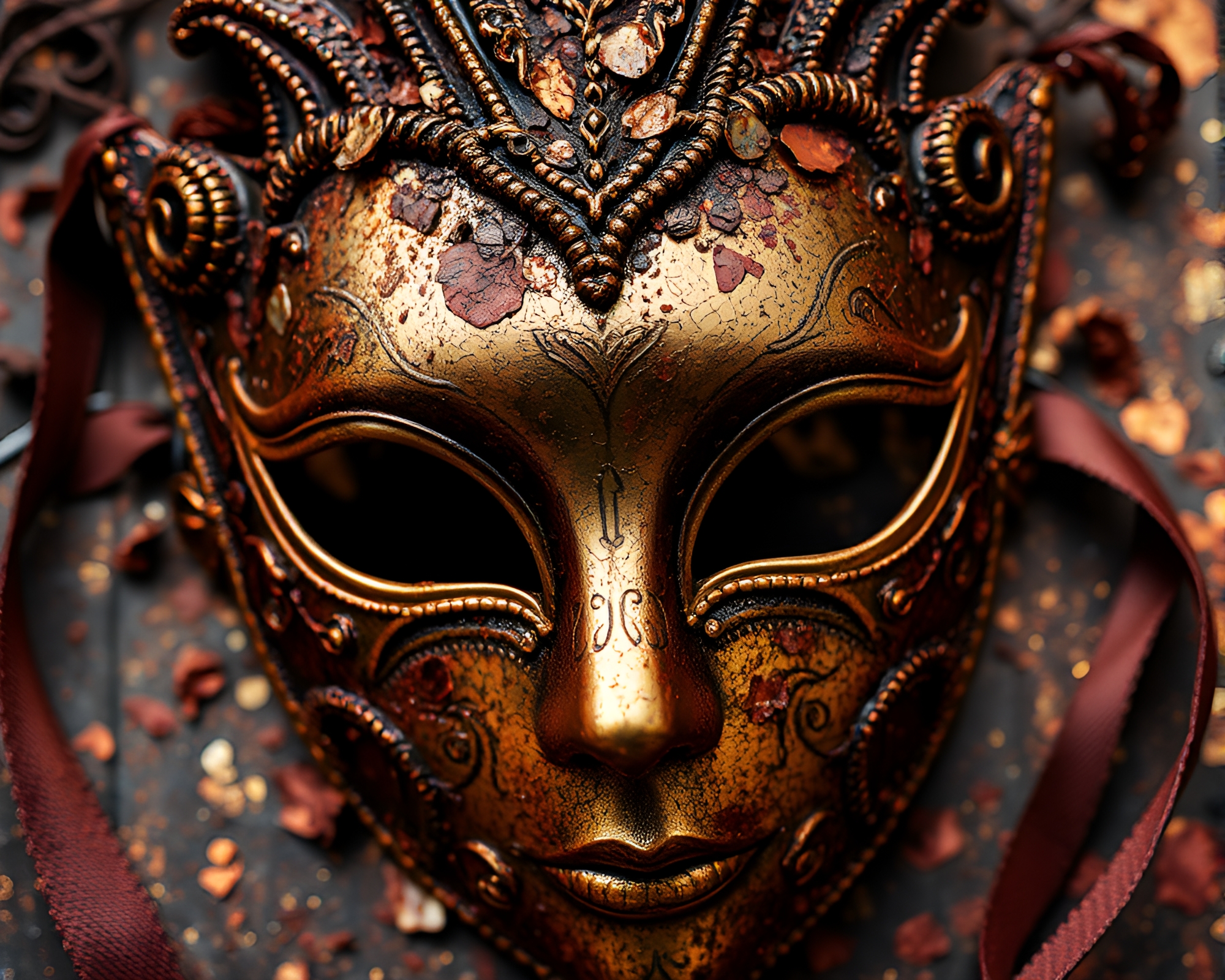 Venetian Mask Rust Flakes in Low-Light Elegance – free AI stock image