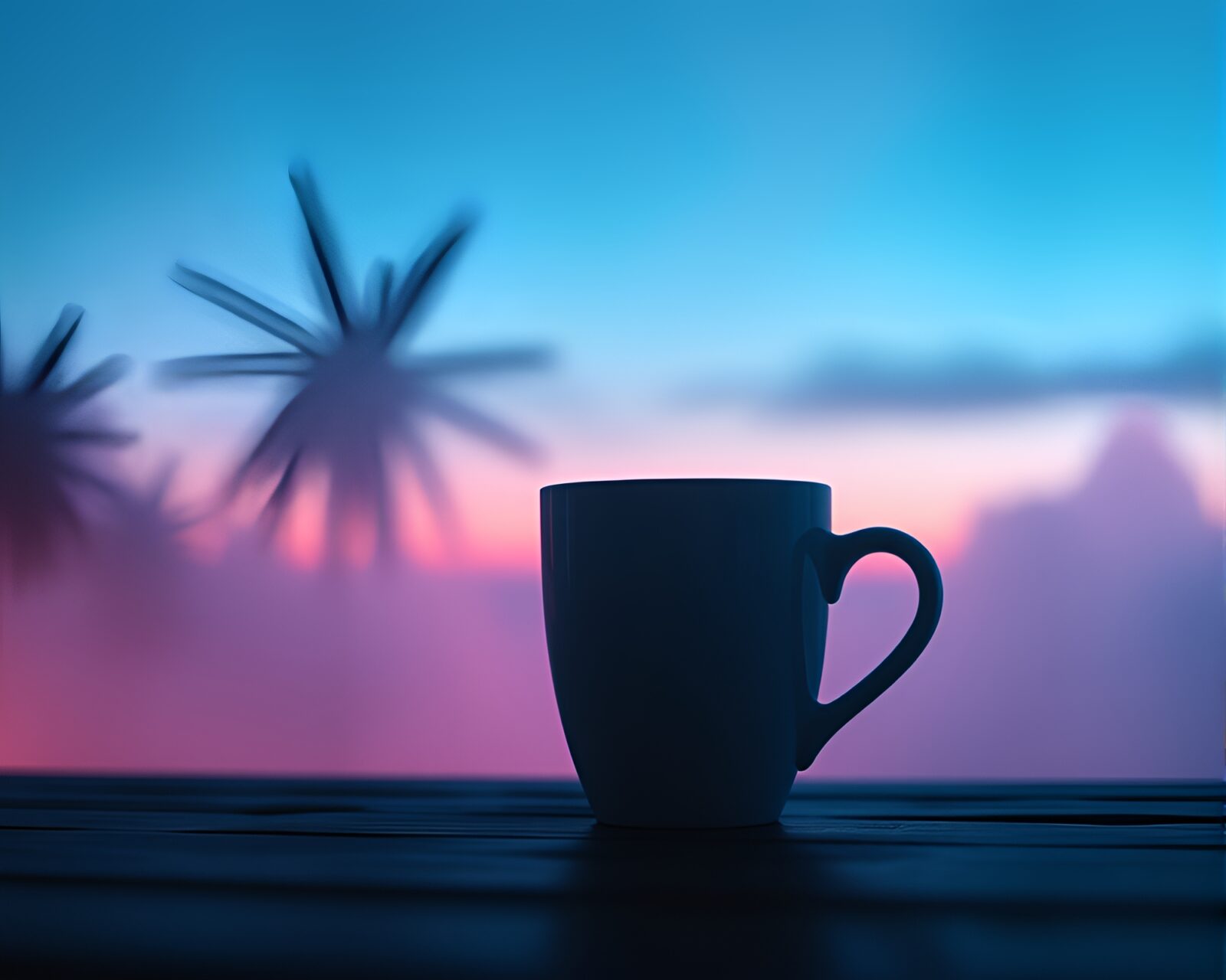 Neon coffee cup in digital twilight vaporwave scene