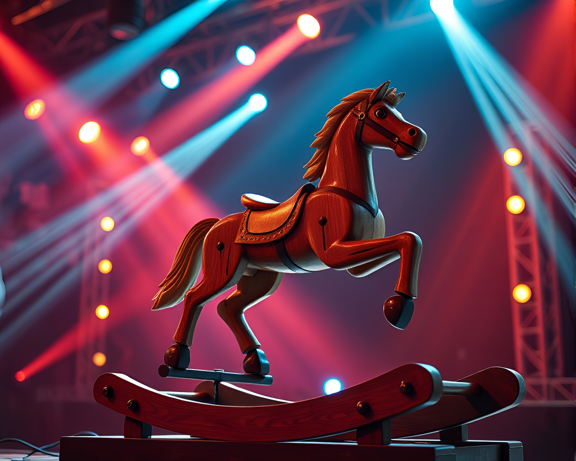 Energetic Retro Futurism: Illuminated Wooden Rocking Horse – free AI stock image