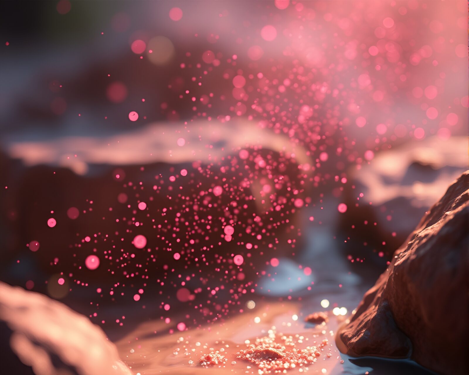 Colorful dust swirls in magical hot spring ambiance