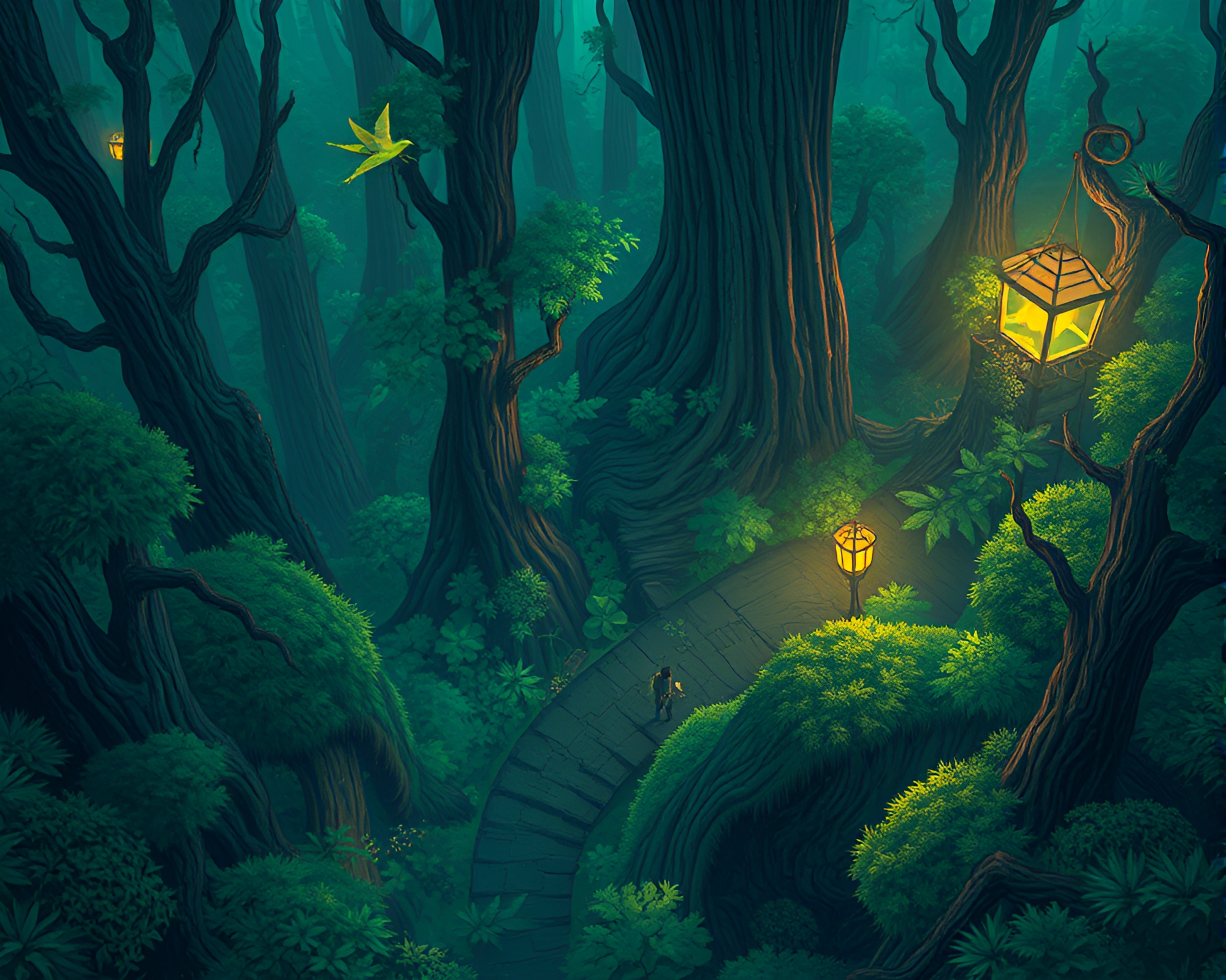Enchanted Cyberpunk Satyr in Bird’s Eye Forest View – free AI stock image