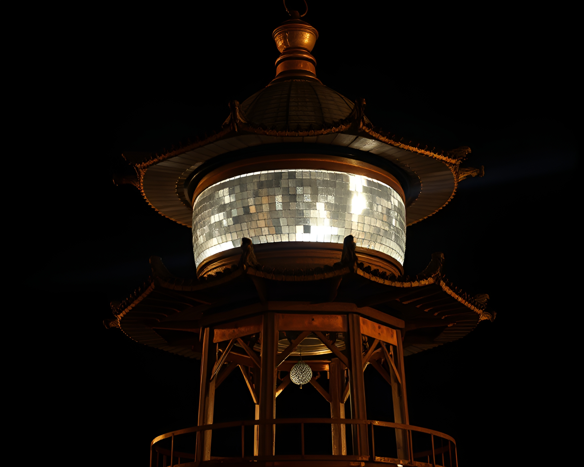 Rust Patina Pagoda Glows in Film Noir Disco – free AI stock image