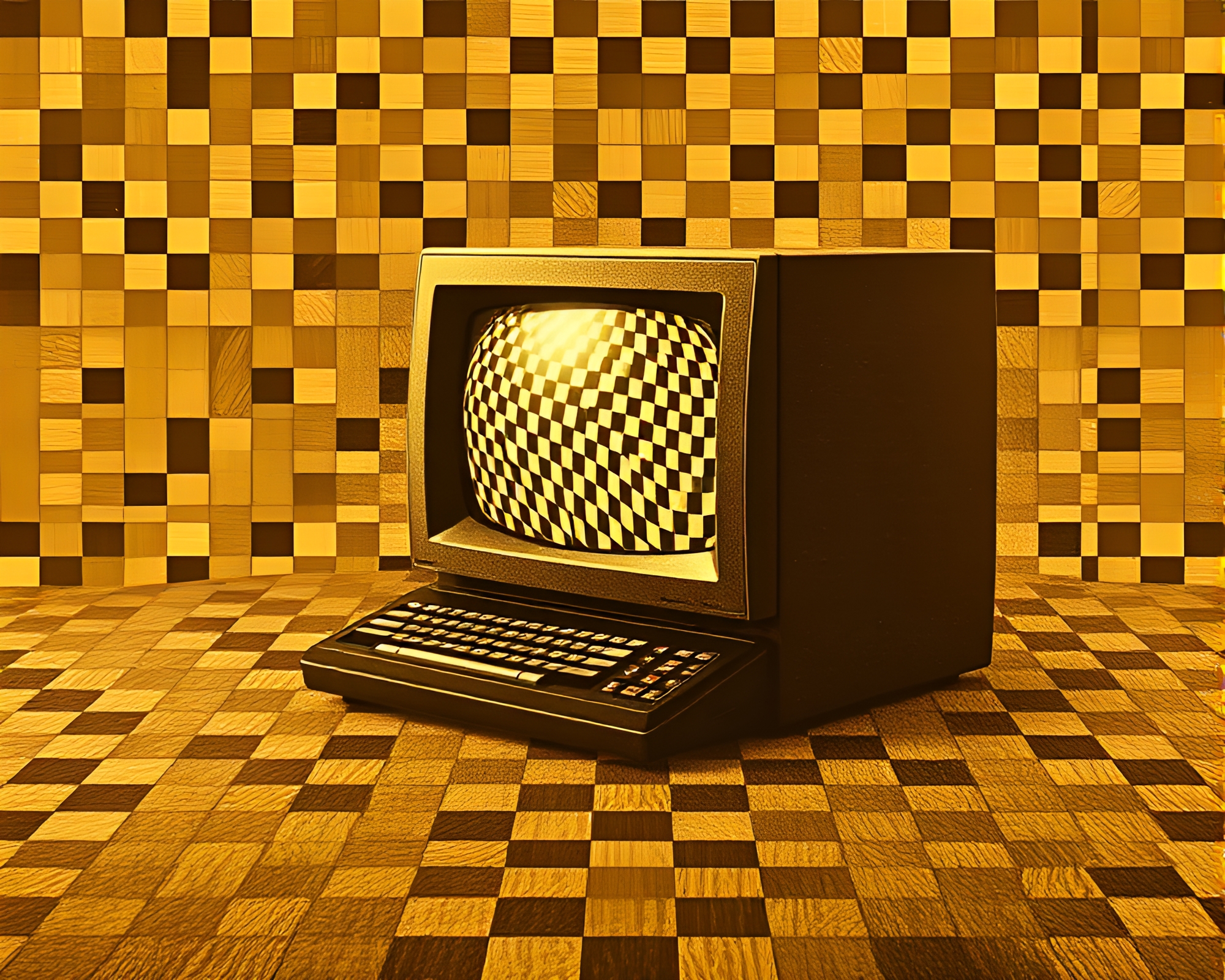 Quantum Computer in Sepia Lithography with Checkered Pattern – free AI stock image