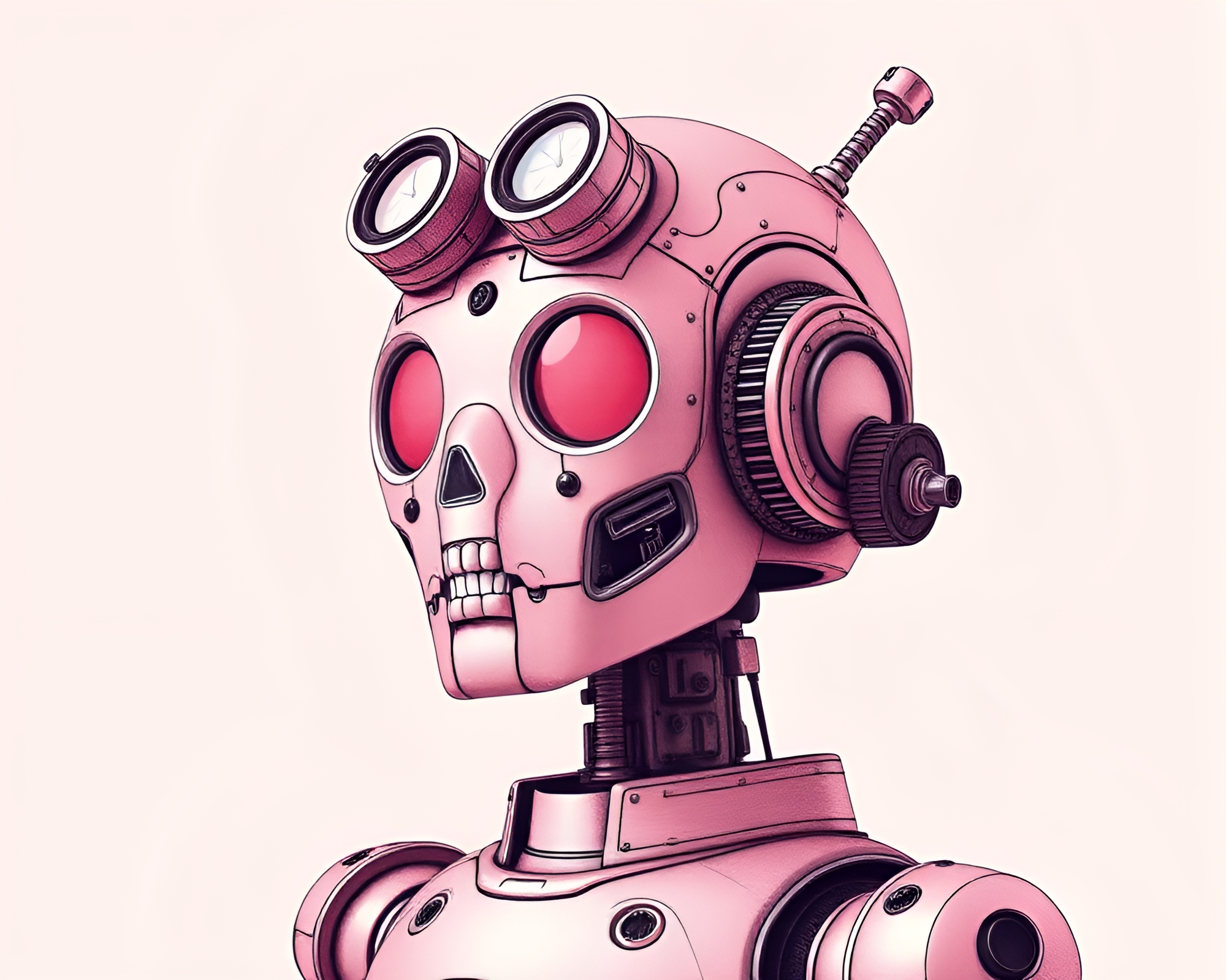 Whimsical Steampunk Robot in Blush Pink Crosshatching – free AI stock image