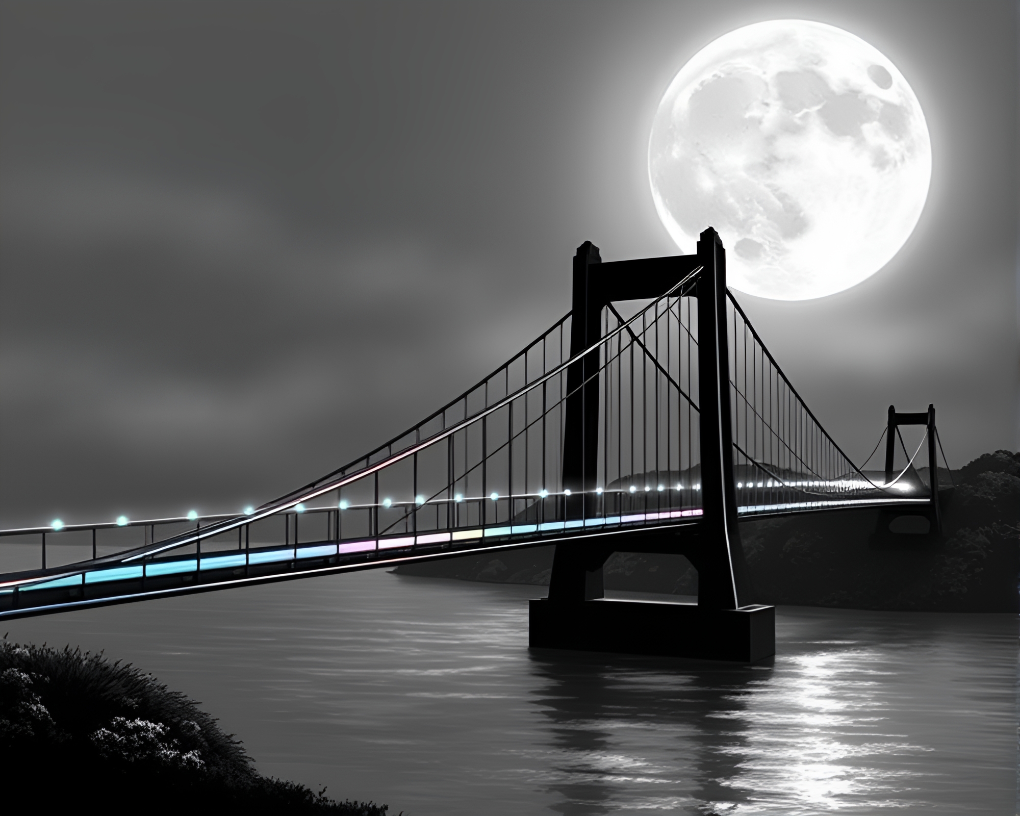 Iridescent Soap Film Over Lunar Suspension Bridge – free AI stock image