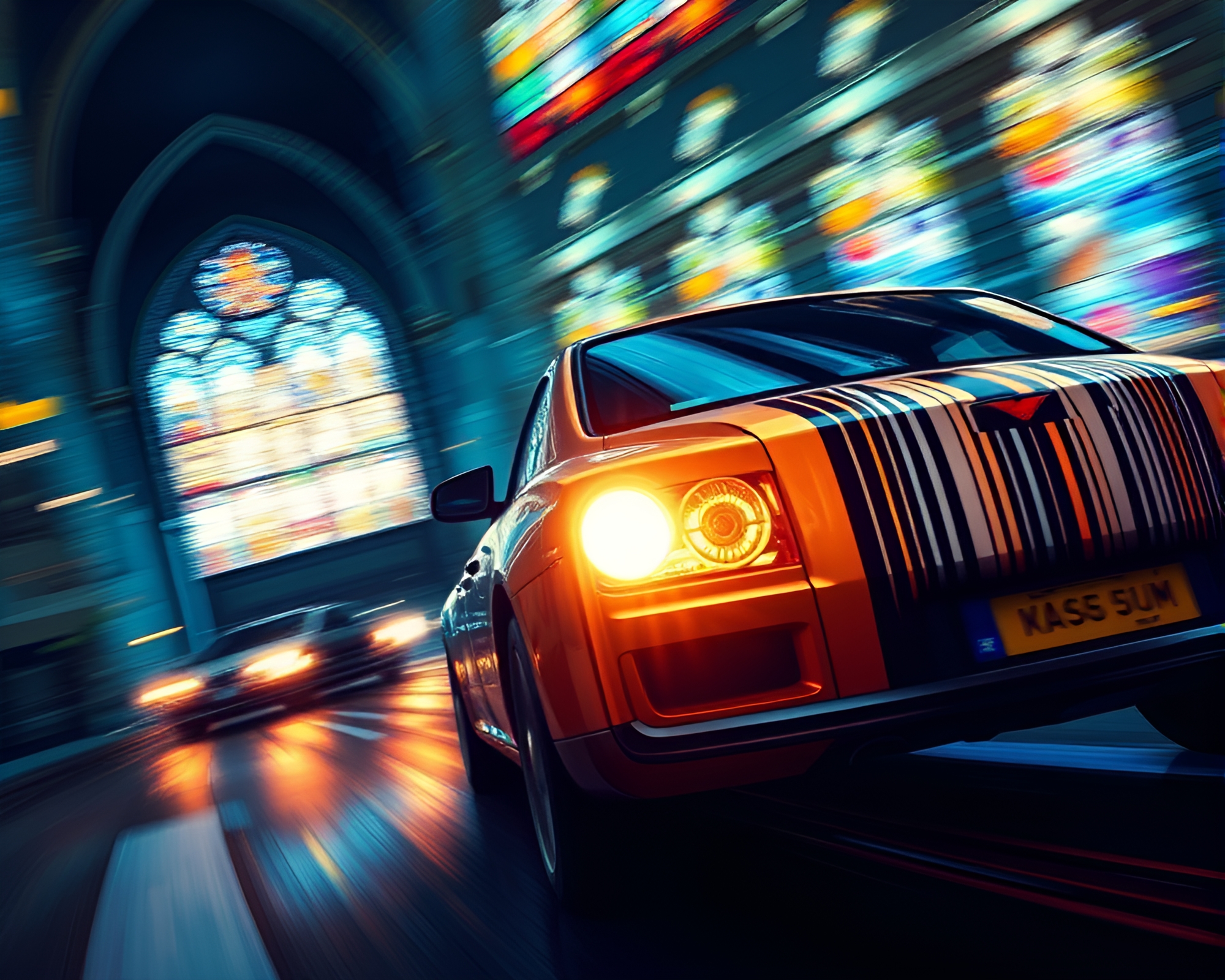 Futuristic Hover Car in Cathedral Light Barcode Art – free AI stock image