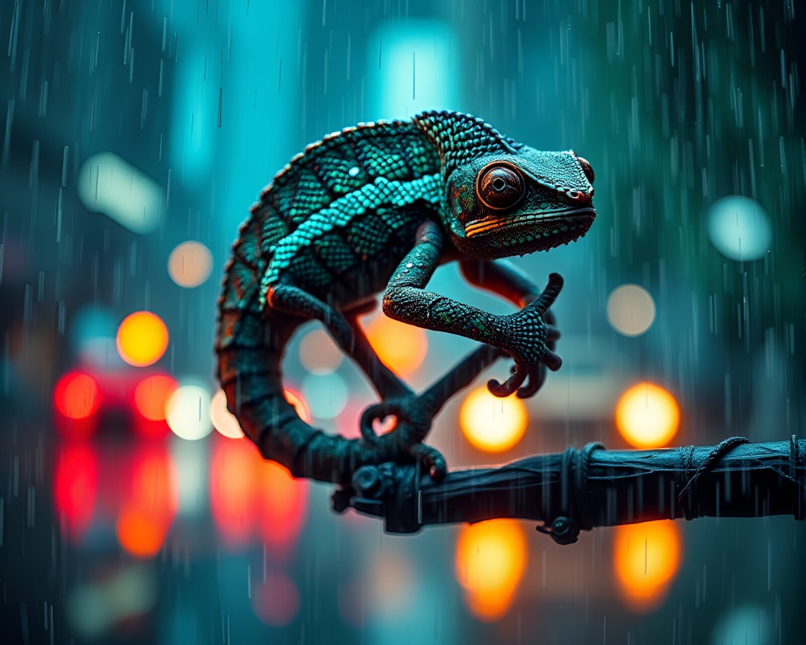 Futuristic HUD overlay on chameleon in vortex twist rain